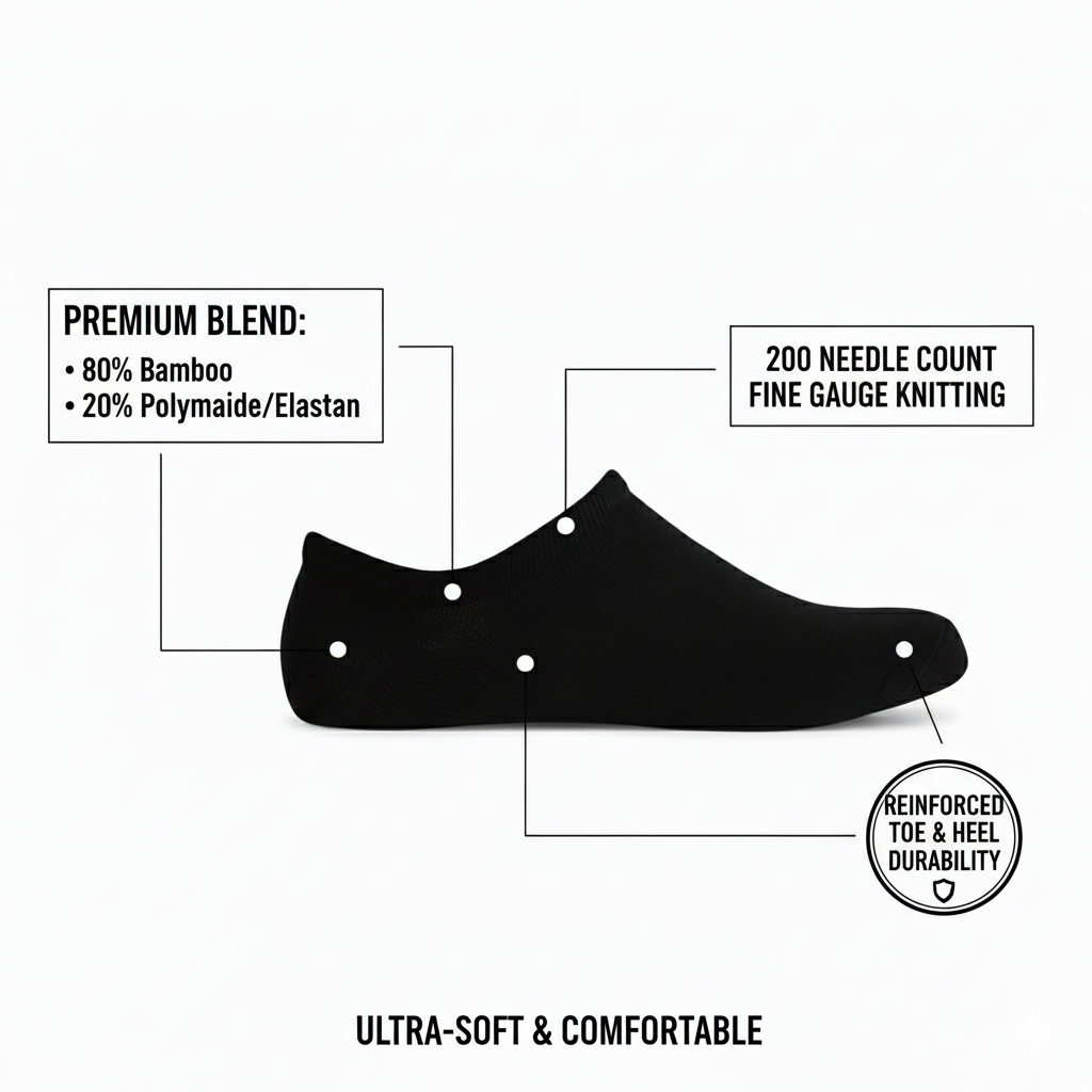 Louluu men's bamboo Black sneaker socks close-up of toe and heel detail — soft & durable fabric