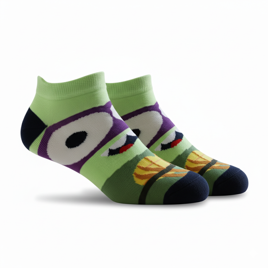 Pair of socks with a cartoon character design on a white background