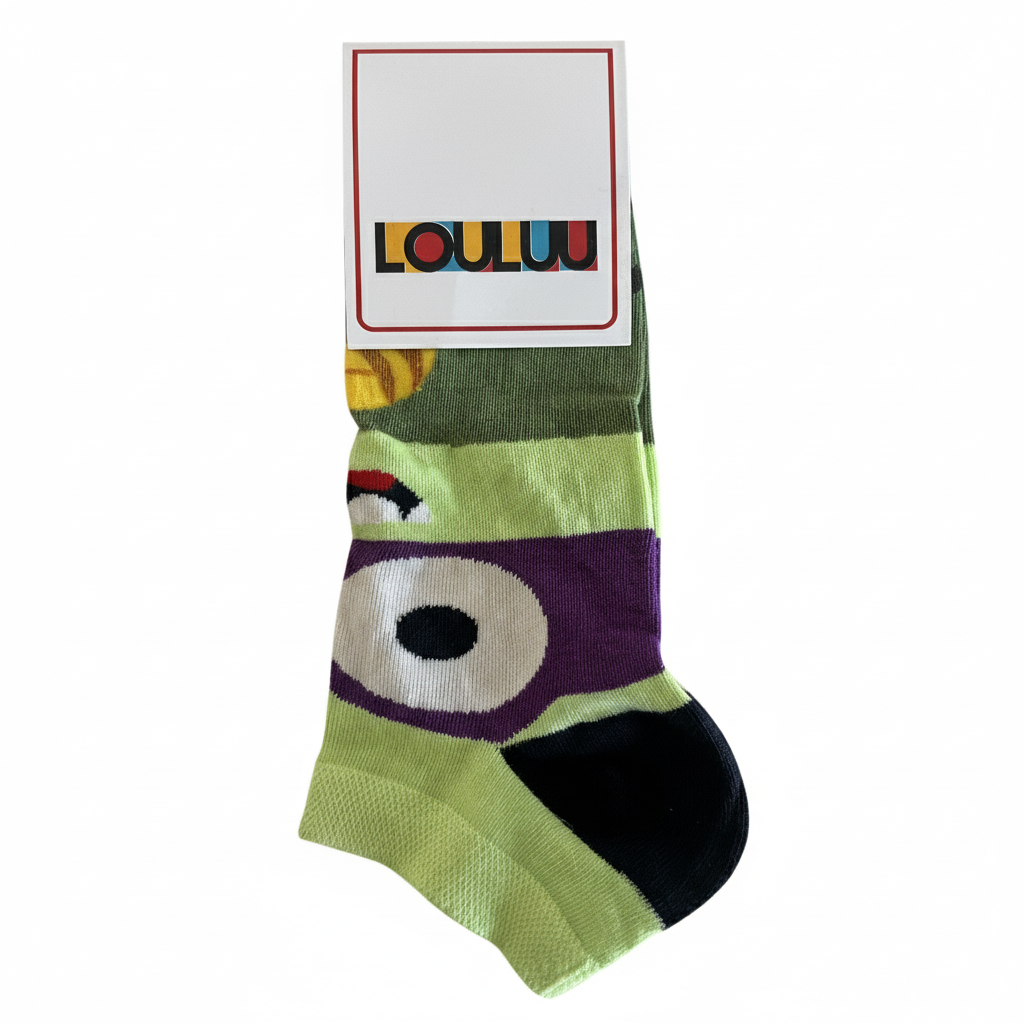 Colorful sock with cartoon character design on a white background, featuring the brand 'LOULOU'.