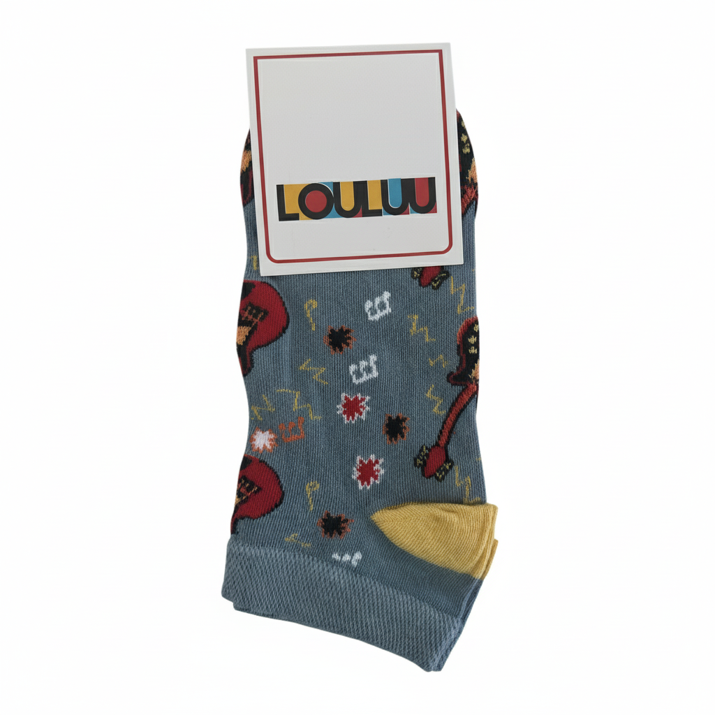 Colorful socks with musical instrument designs on a white background, featuring the brand 'LOULOU'.