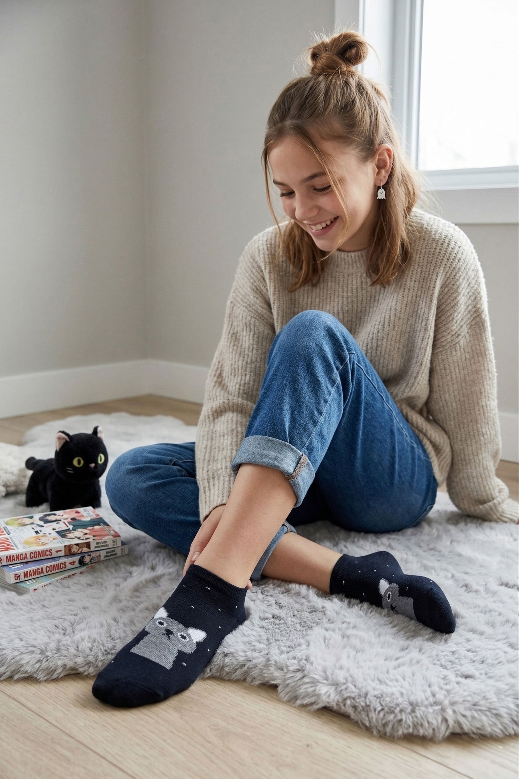 Louluu women's cotton Black Cat low cut socks — front view | Louluu