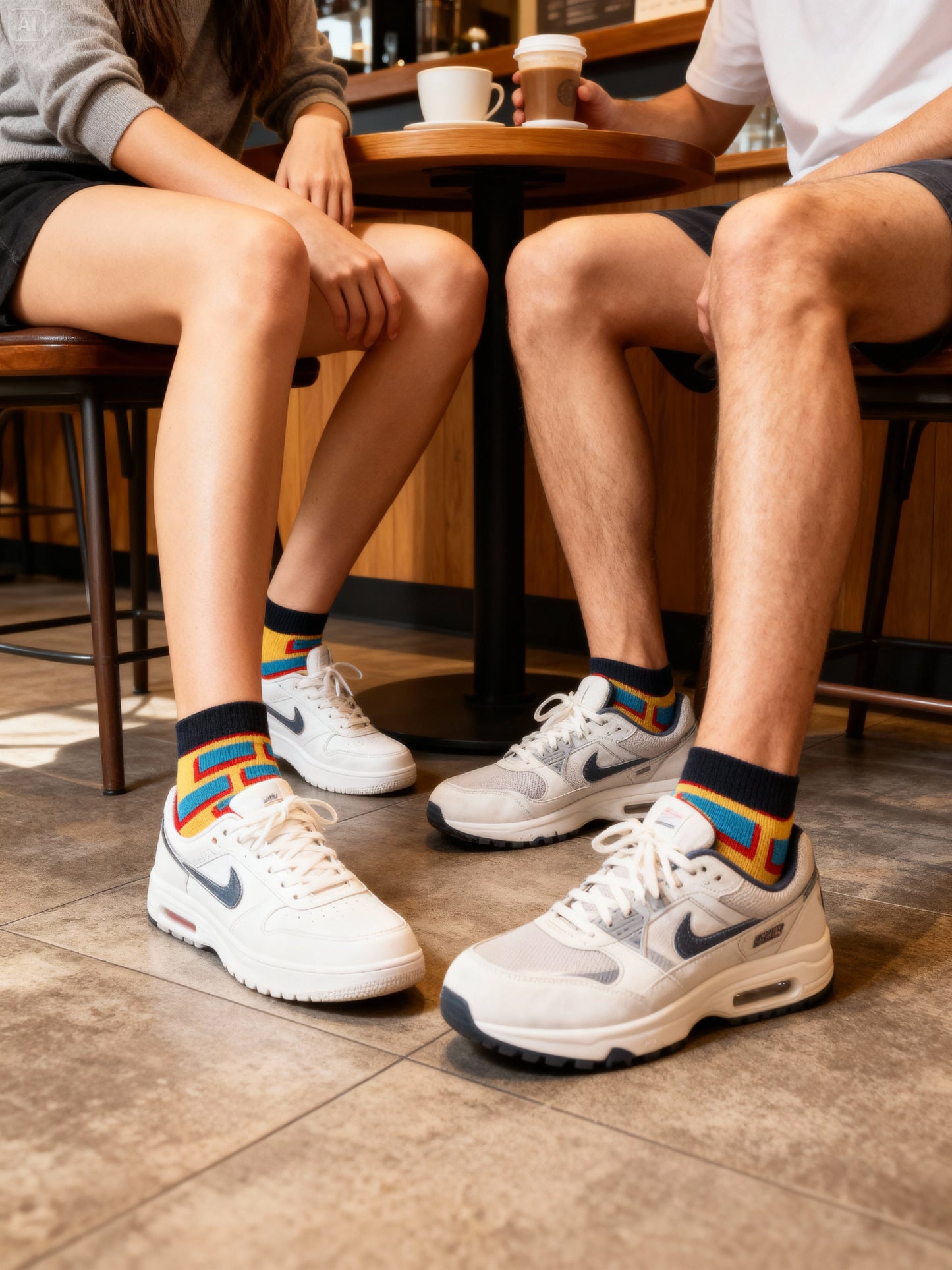 Two people sitting at a table in a cafe, wearing white sneakers and colorful socks.