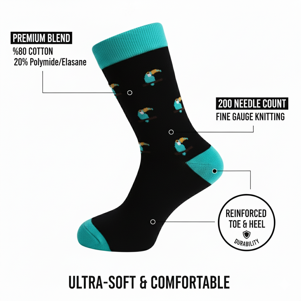 Louluu men's cotton Black Parrot crew socks close-up of toe and heel detail — soft & durable fabric