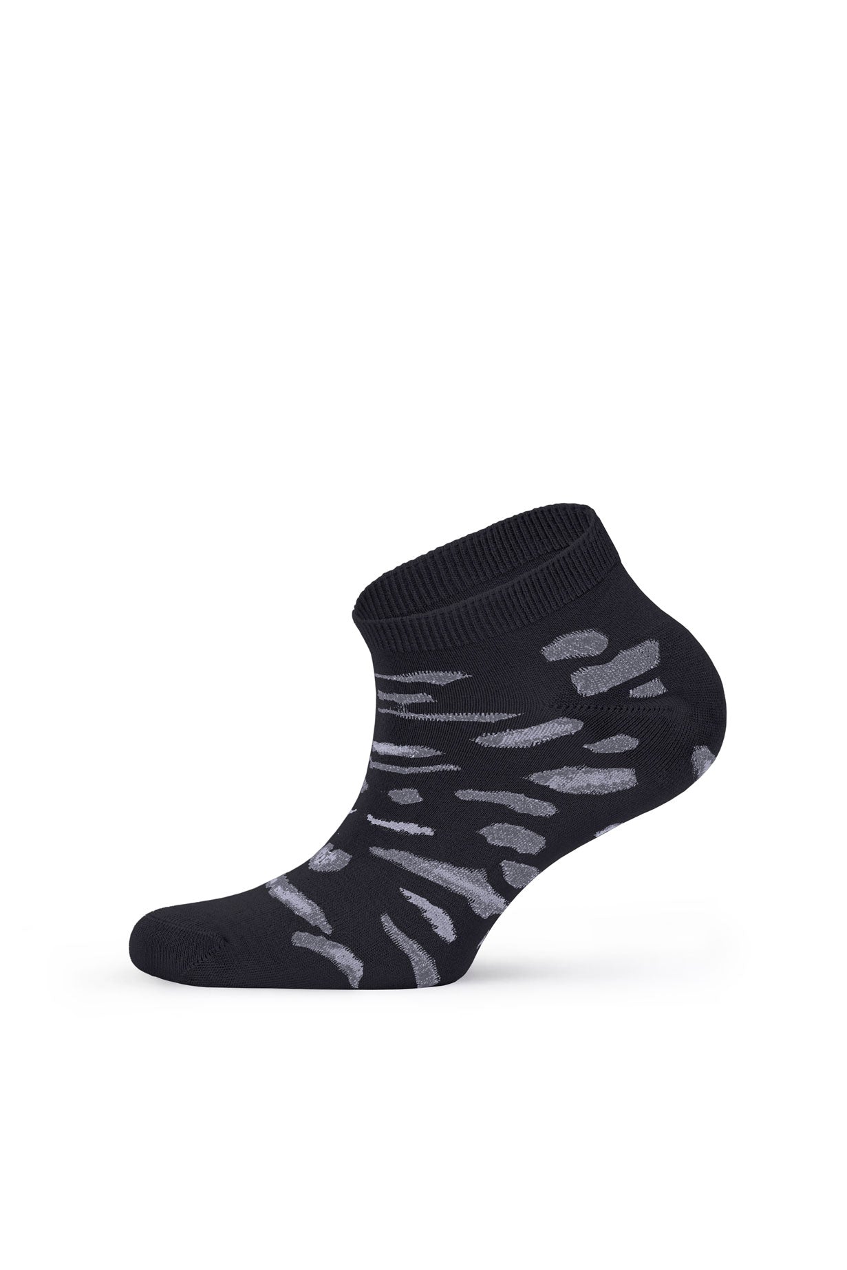 Black leopard sneaker sock with grey stitched pattern — side view