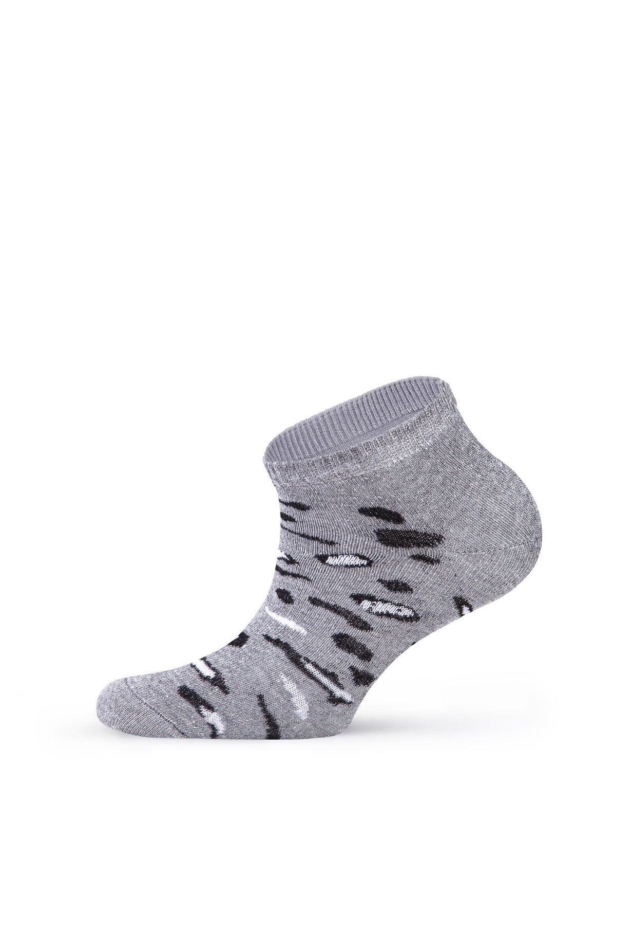 Grey leopard sneaker sock with stitched pattern — side view