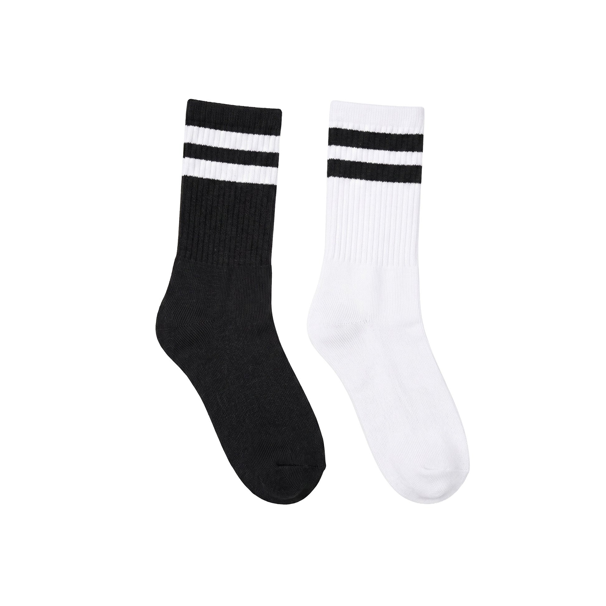 Sport crew socks pair — black with white stripes and white with black stripes