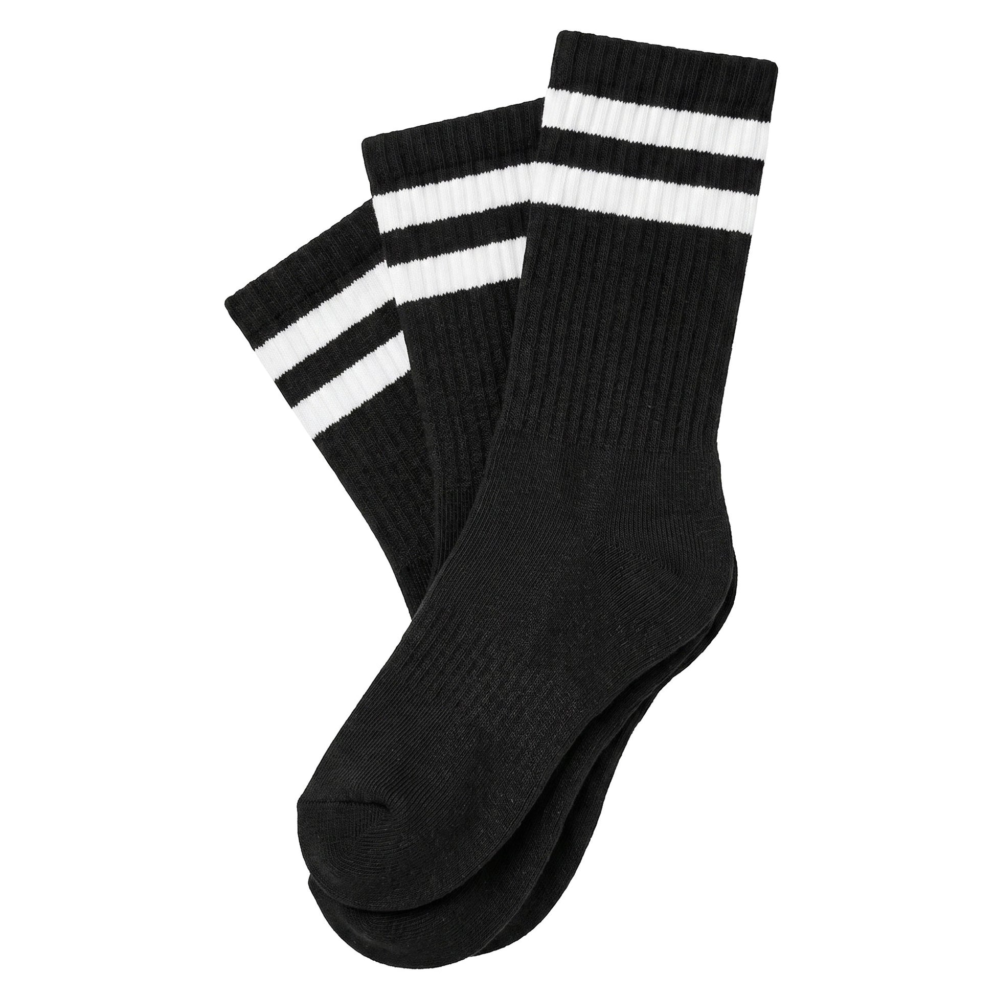 Three-pack of black sport crew socks with white stripes