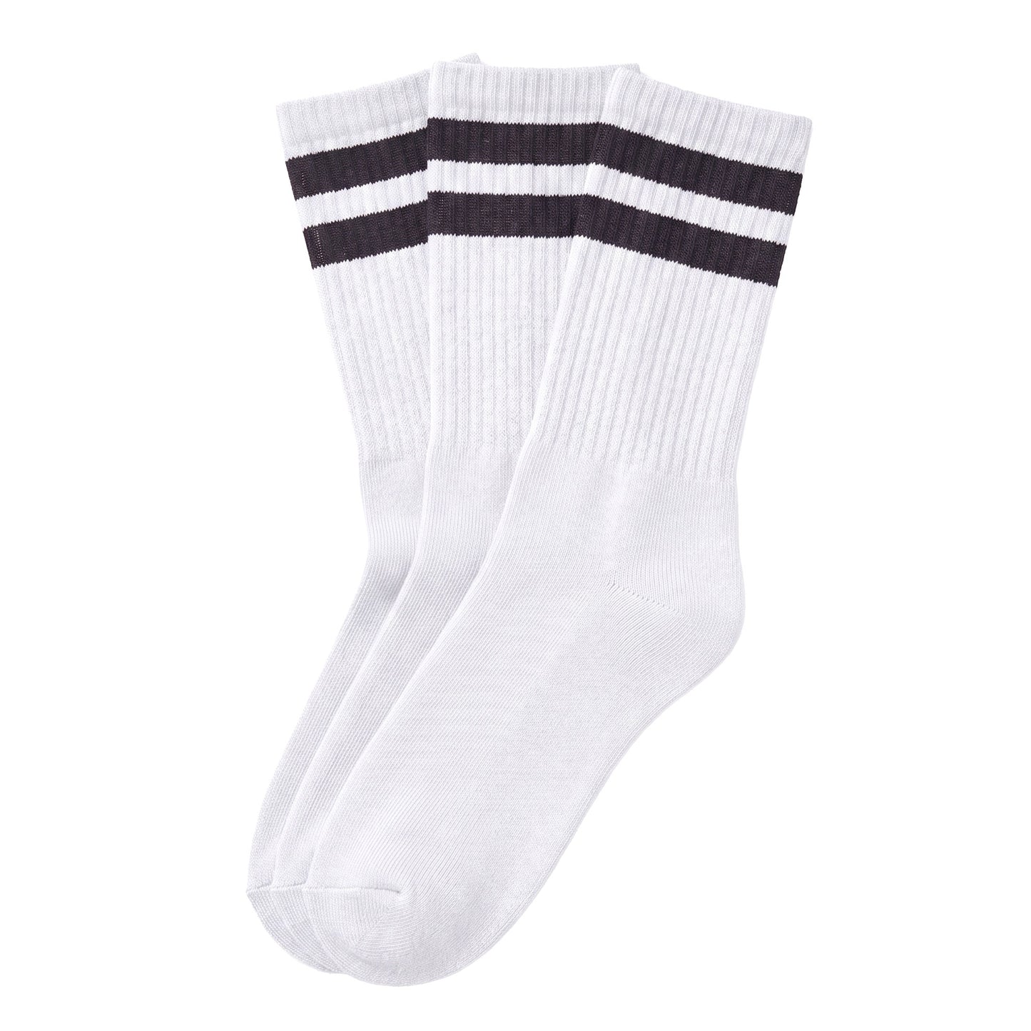 Three-pack of white sport crew socks with black stripes