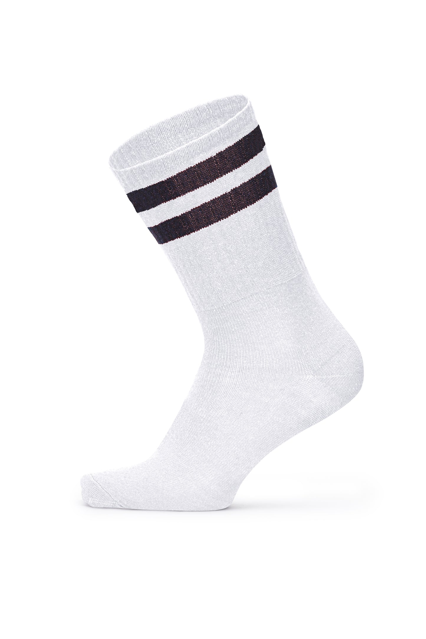White sport crew sock with black stripes — side view
