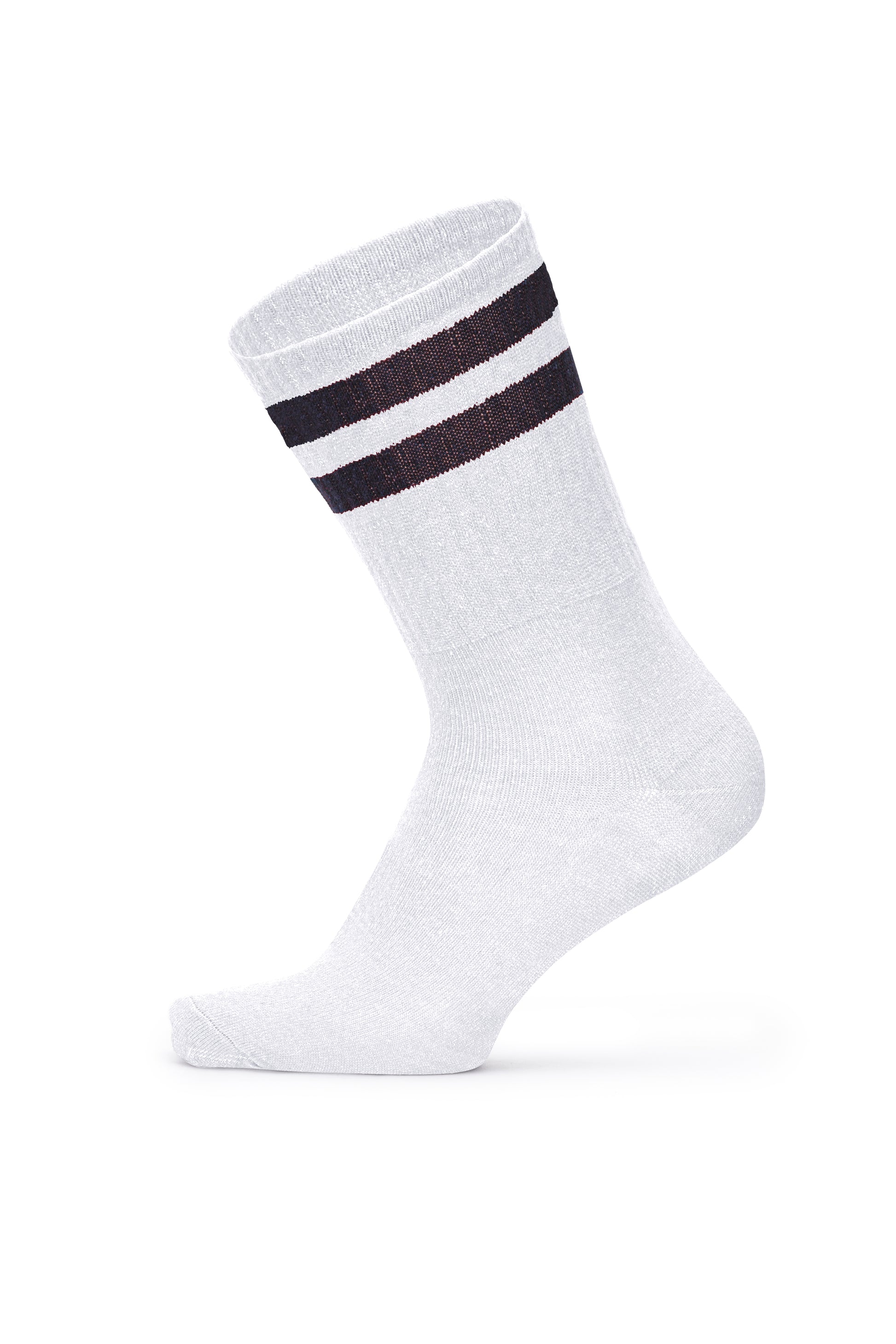 White sport crew sock with black stripes — side view