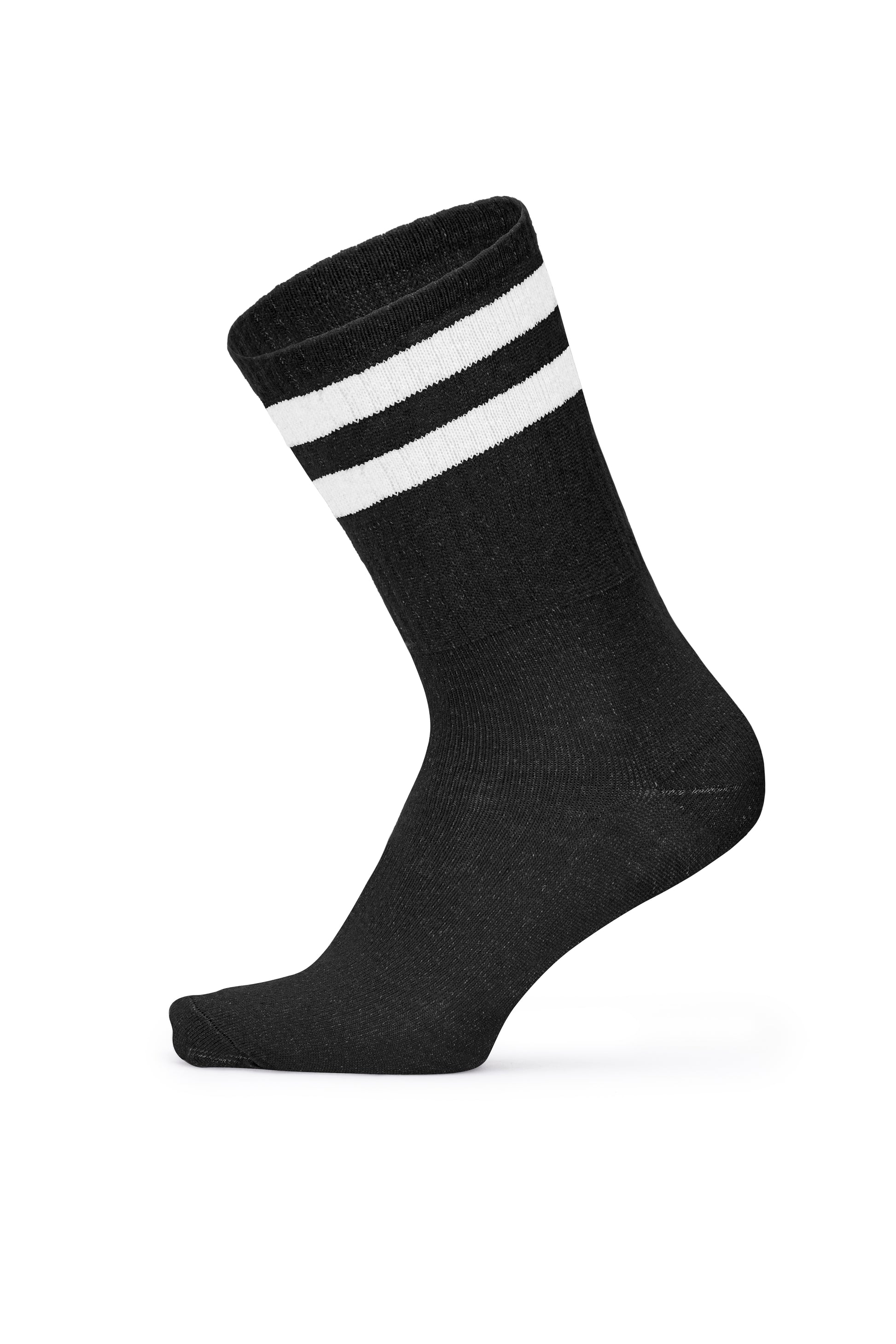 Black sport crew sock with white stripes — side view