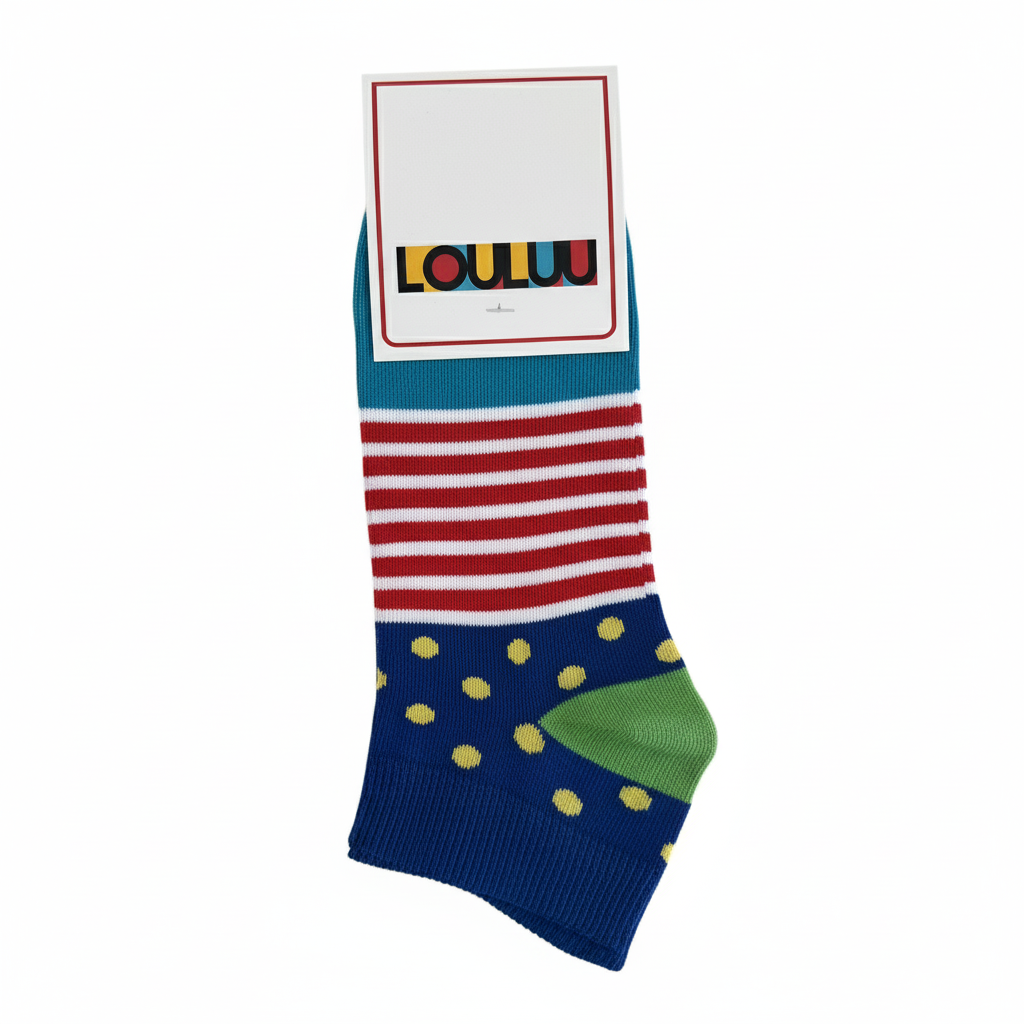 Colorful sock with stripes and polka dots on a white background, featuring the brand 'LOULUU'.