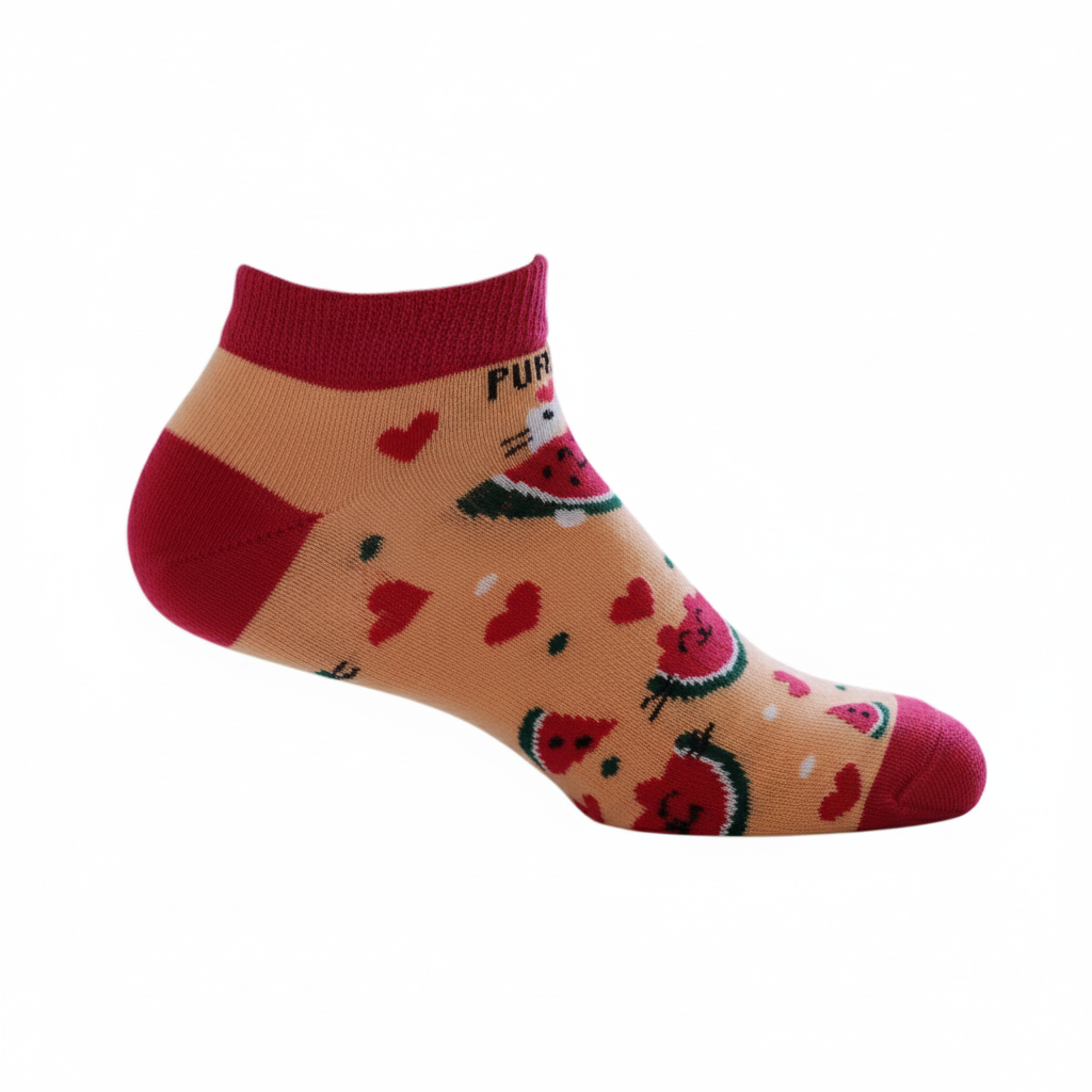 Colorful sock with heart and watermelon pattern on a white background