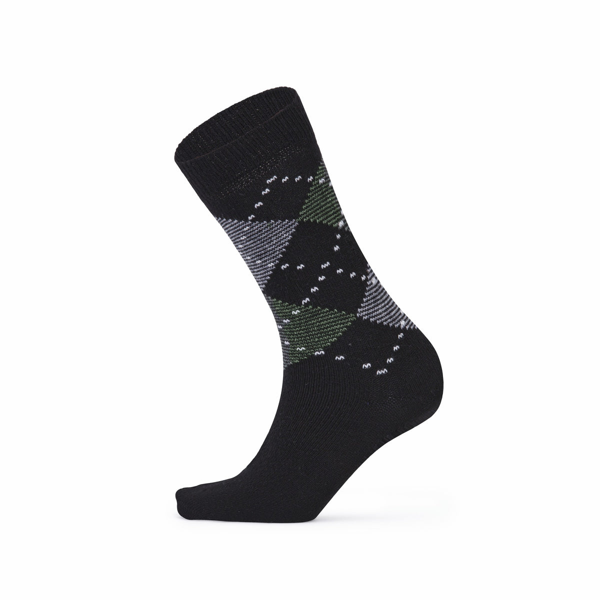 Black argyle lambswool crew sock — side view