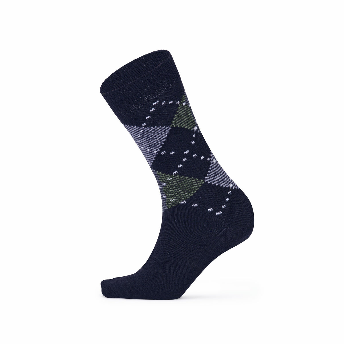 Navy argyle lambswool crew sock — side view