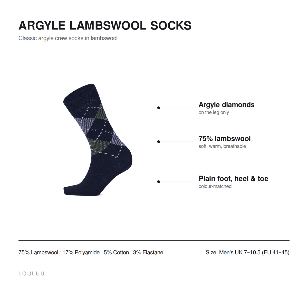 Argyle lambswool socks infographic — argyle diamonds on the leg, 75% lambswool, plain foot heel and toe, men's UK 7–10.5