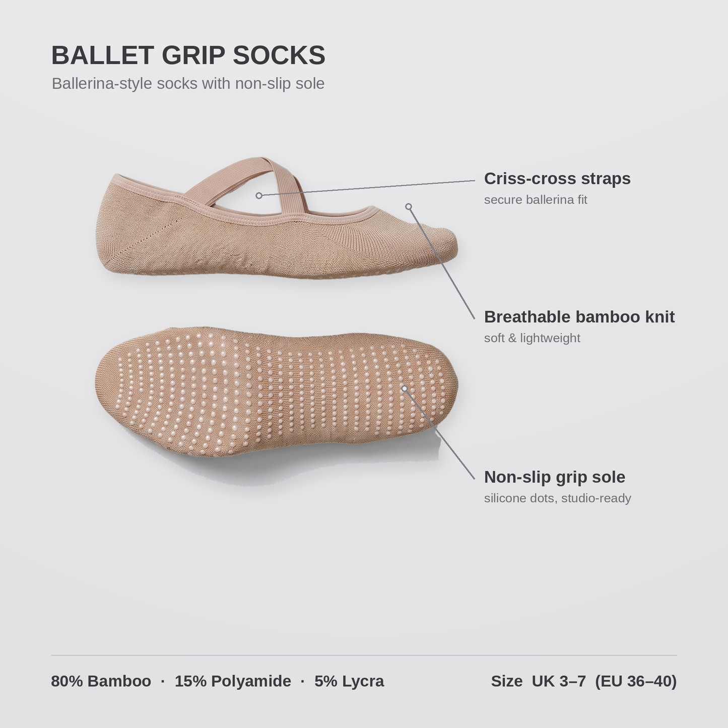 Ballet grip socks infographic — criss-cross straps, bamboo knit, non-slip grip sole, UK 3-7