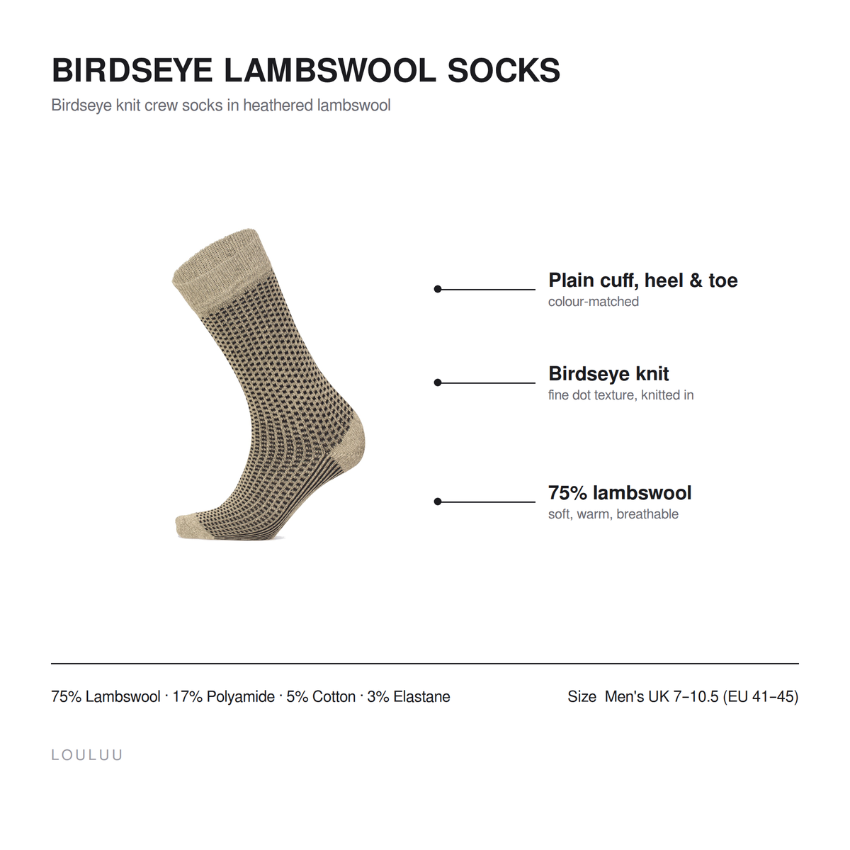 Birdseye lambswool socks infographic — plain cuff heel and toe, birdseye knit, 75% lambswool, men's UK 7–10.5