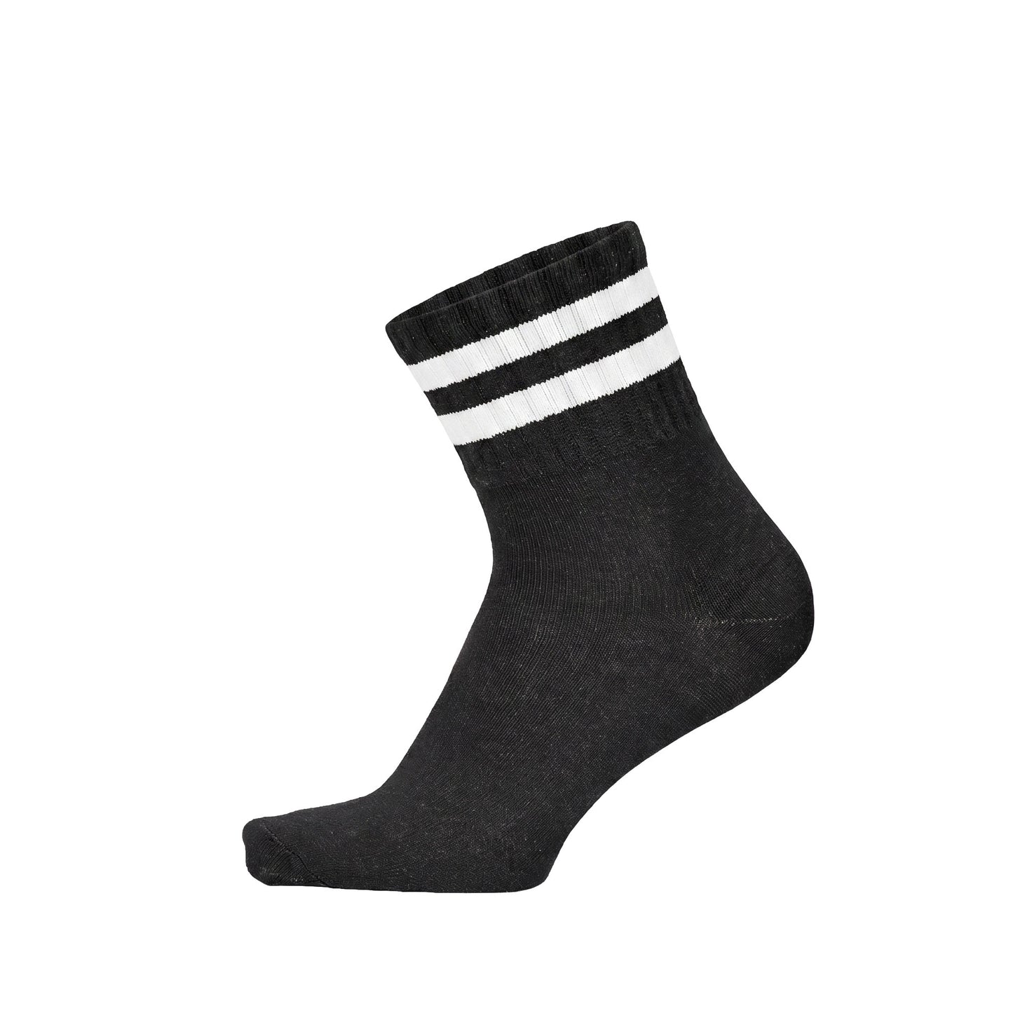 Black half-crew sock with white stripes — side view