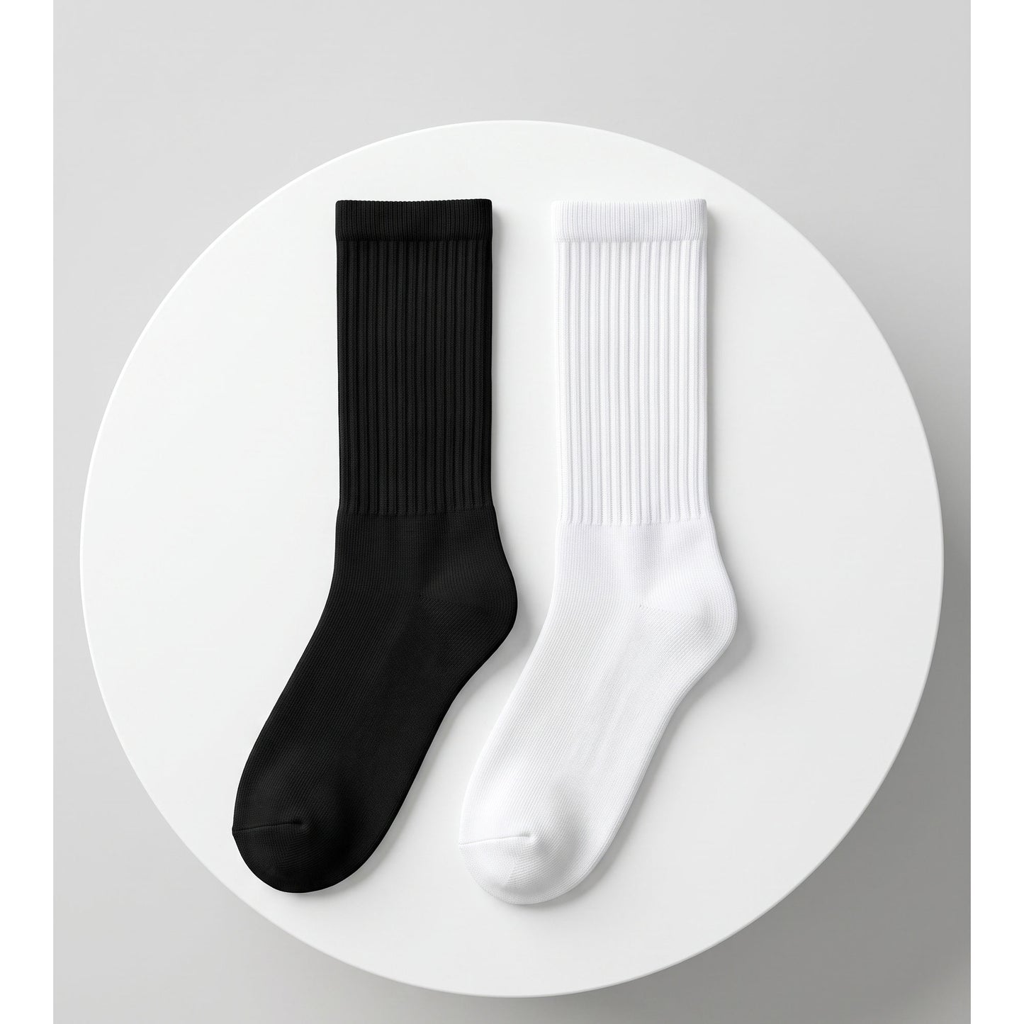 Louluu men's cotton crew socks in black and white — pair flat lay