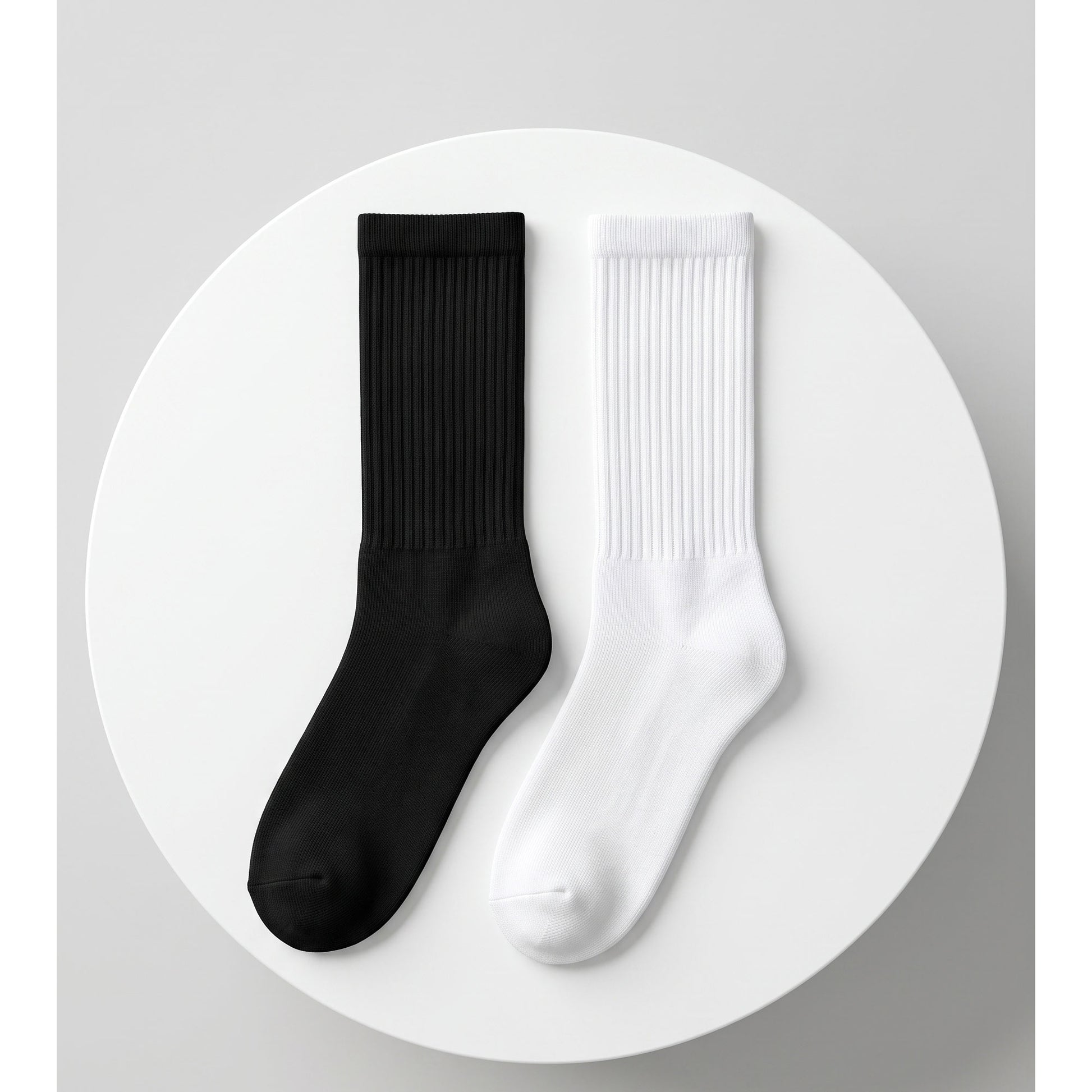Louluu men's cotton crew socks in black and white — pair flat lay