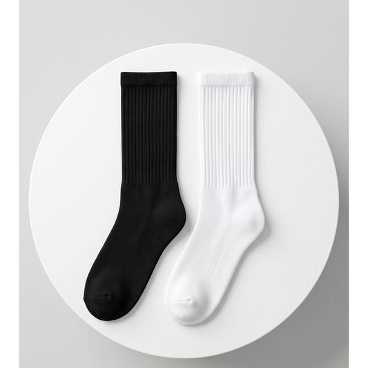 Louluu men's cotton crew socks in black and white — pair flat lay