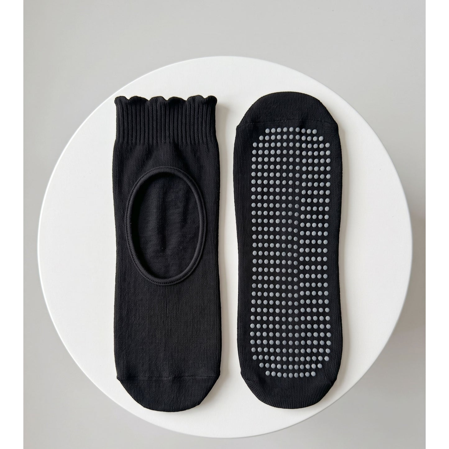 Black pilates grip sock — open instep and non-slip grip sole