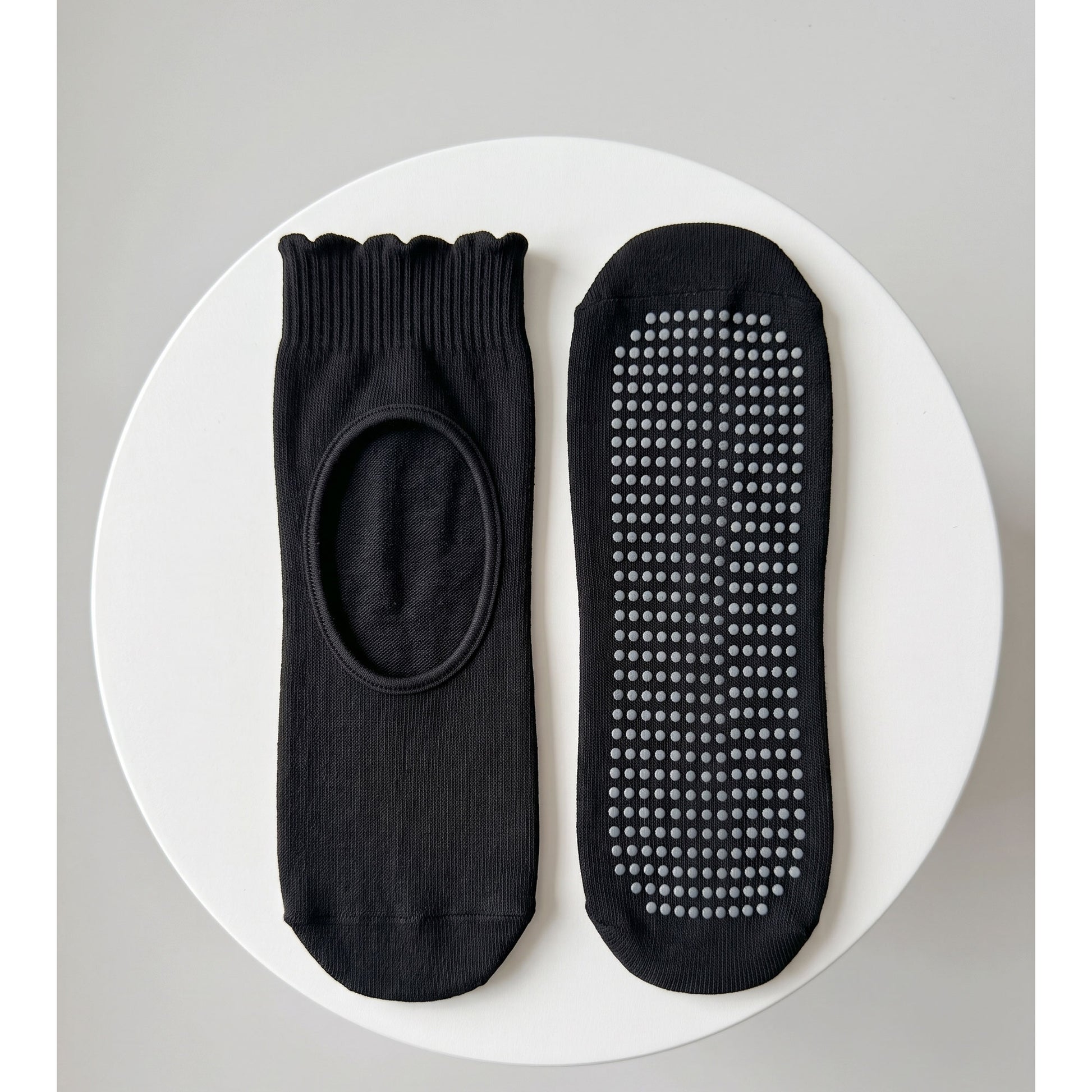 Black pilates grip sock — open instep and non-slip grip sole