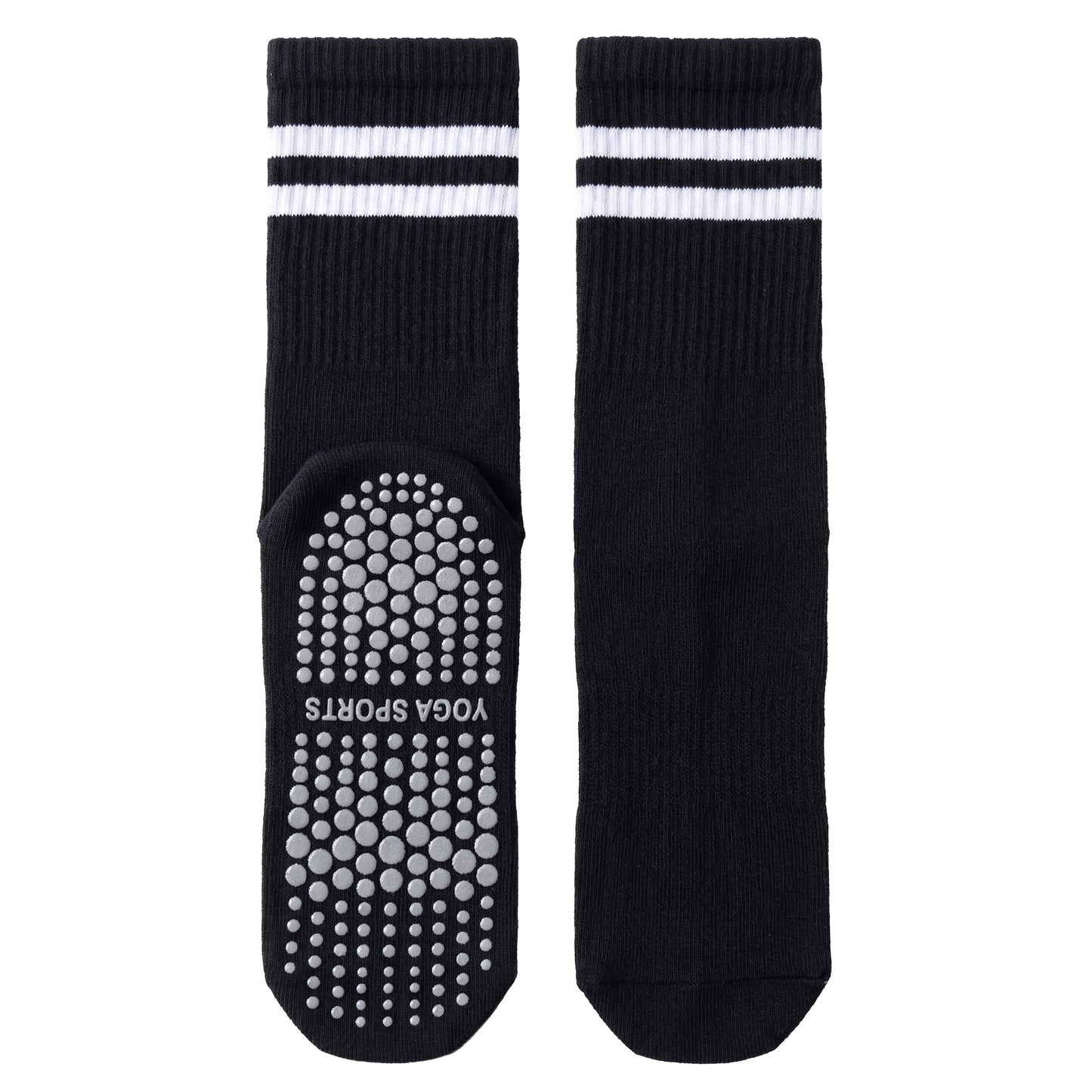 Black crew grip socks — ribbed crew with white stripes and non-slip silicone sole