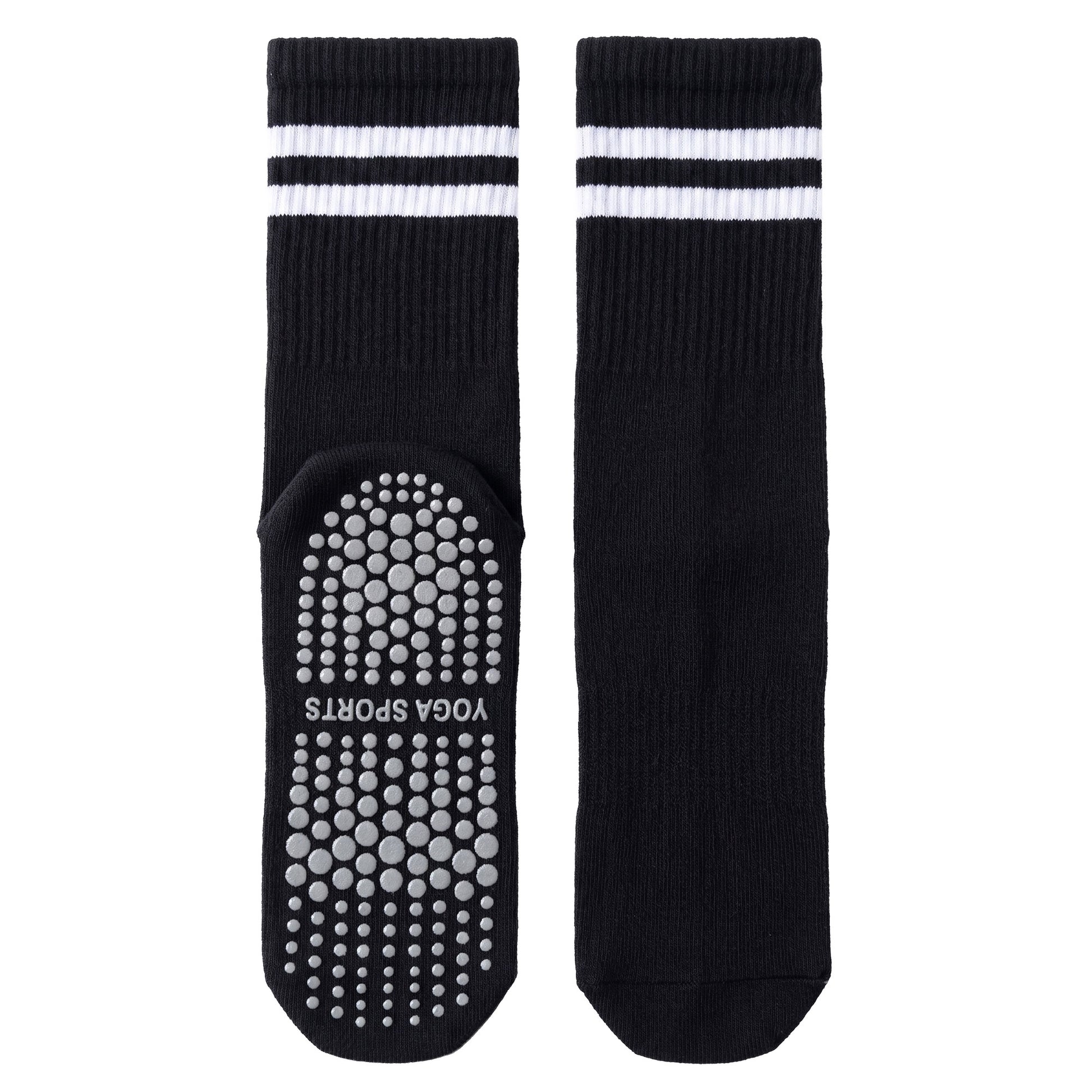 Black crew grip socks — ribbed crew with white stripes and non-slip silicone sole