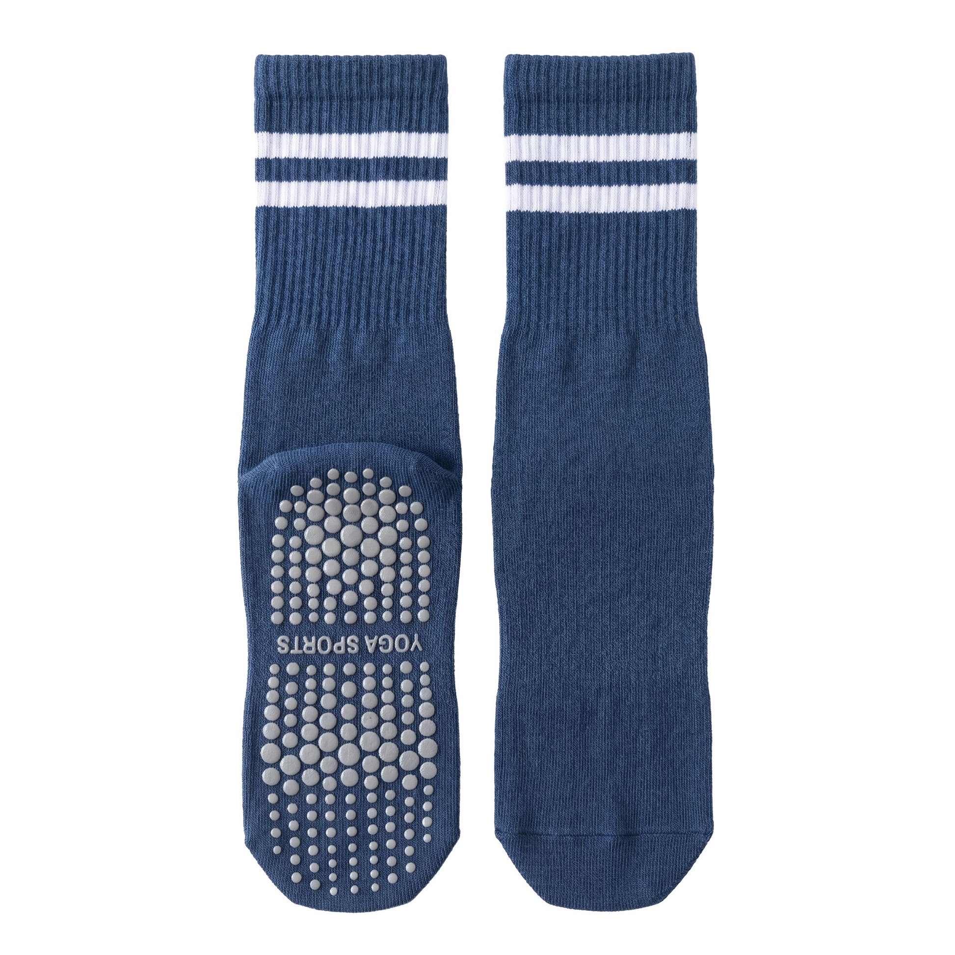 Blue crew grip socks — ribbed crew with white stripes and non-slip silicone sole
