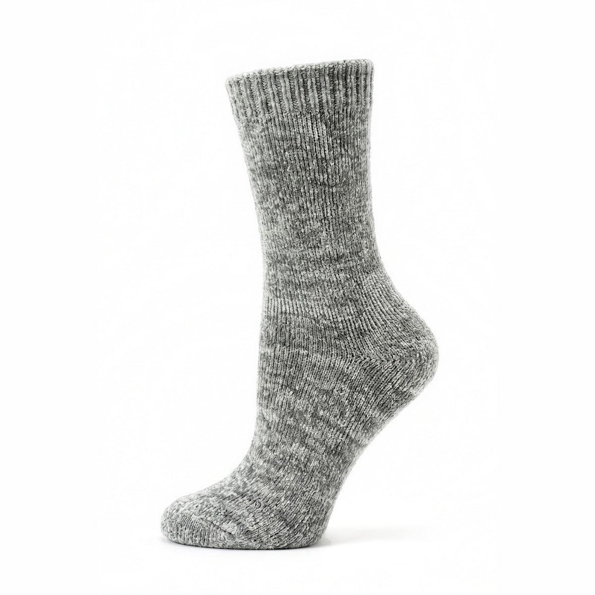 Louluu Women's chenille cosy sock in grey marl, side view on a white background