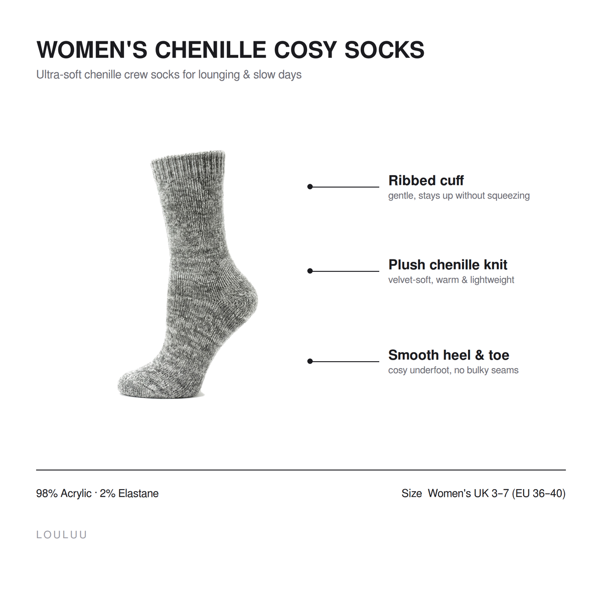 Infographic: Louluu Women's Chenille Cosy Socks — ribbed cuff, plush chenille knit, smooth heel and toe; 98% acrylic, 2% elastane; UK 3–7