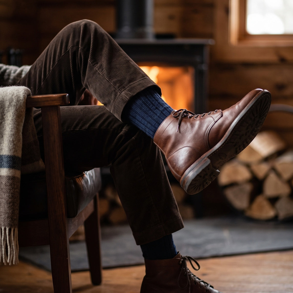 Man by a cabin fireplace wearing navy chunky rib lambswool boot socks with corduroy trousers and leather boots