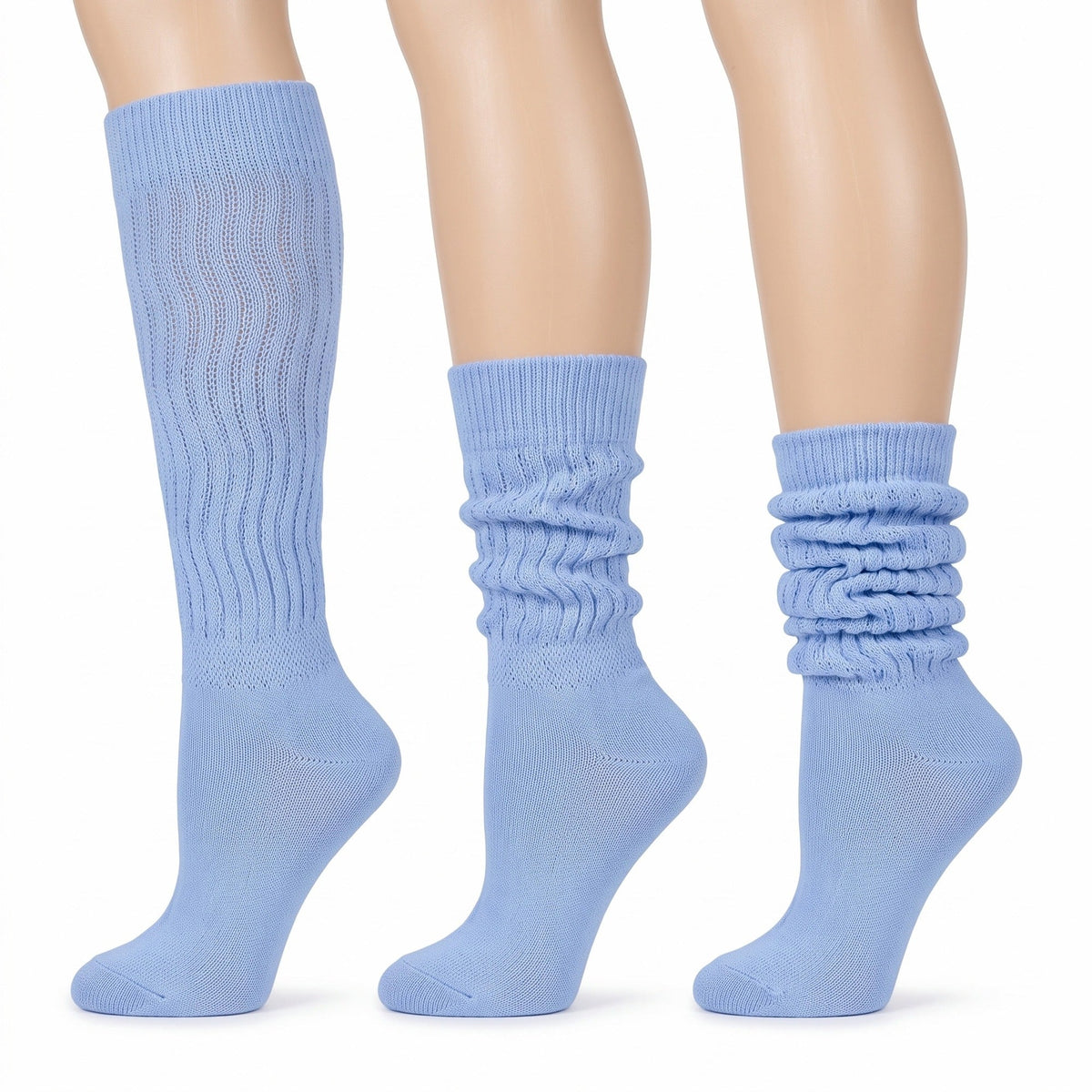Louluu women's sky blue long slouch socks — worn knee-high, half-scrunched and fully scrunched