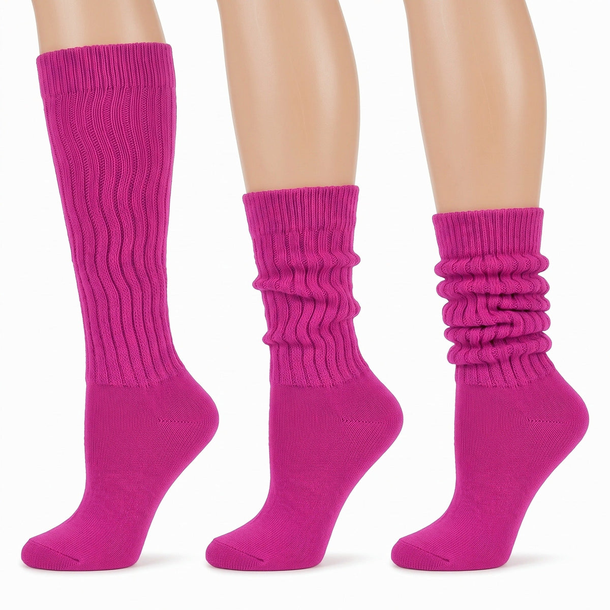 Louluu women's fuchsia pink long slouch socks — worn knee-high, half-scrunched and fully scrunched