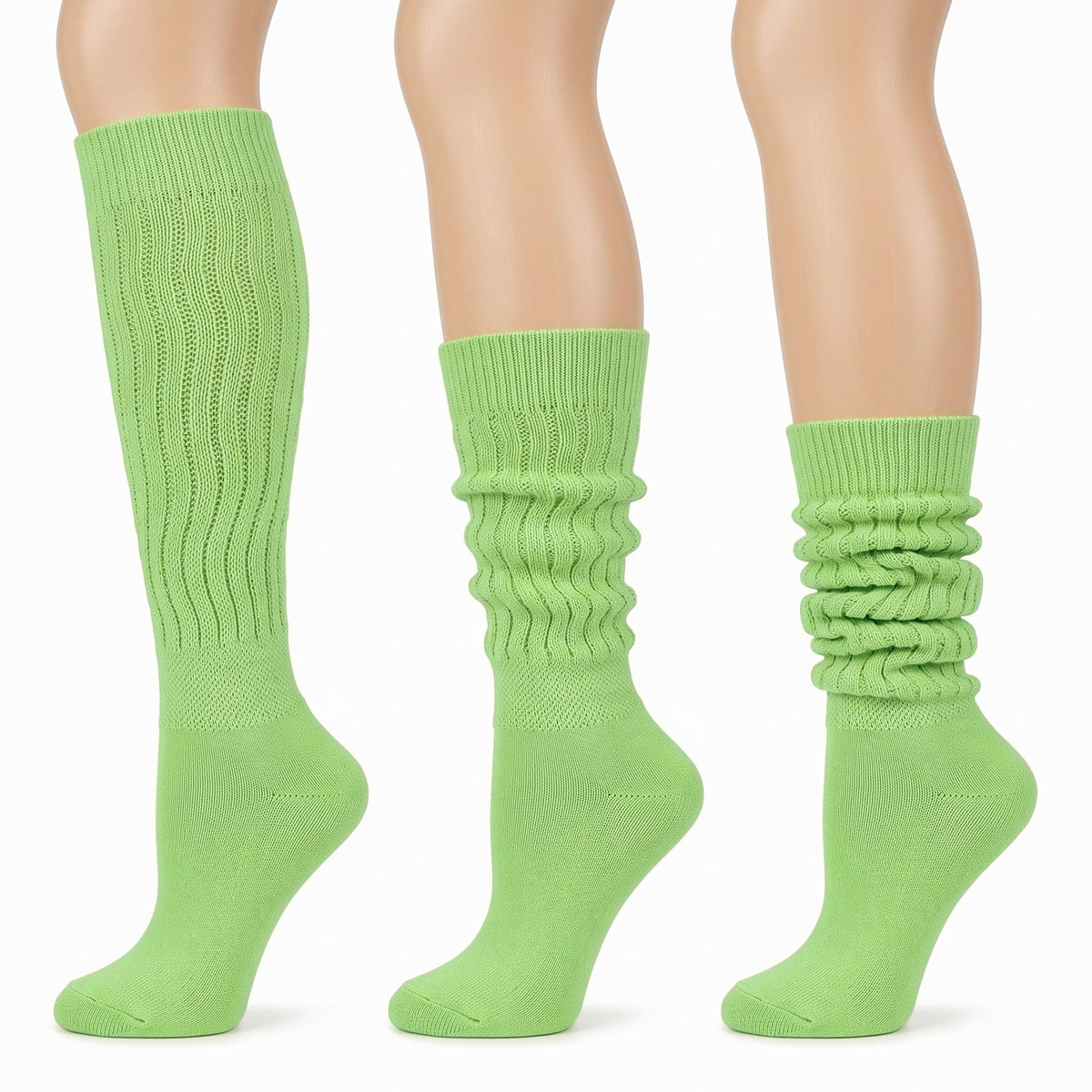Louluu women's pistachio green long slouch socks — worn knee-high, half-scrunched and fully scrunched