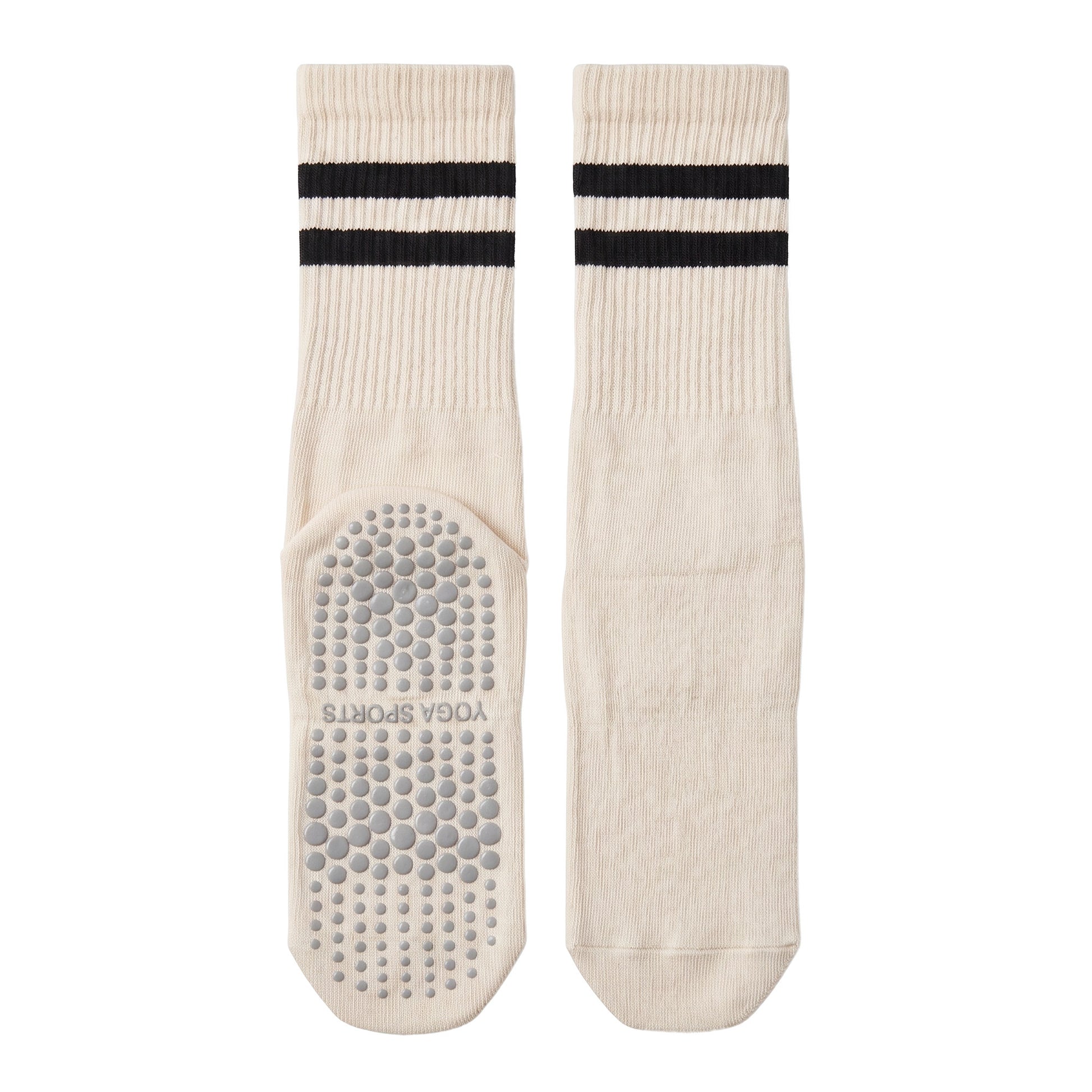 Cream crew grip socks — ribbed crew with black stripes and non-slip silicone sole