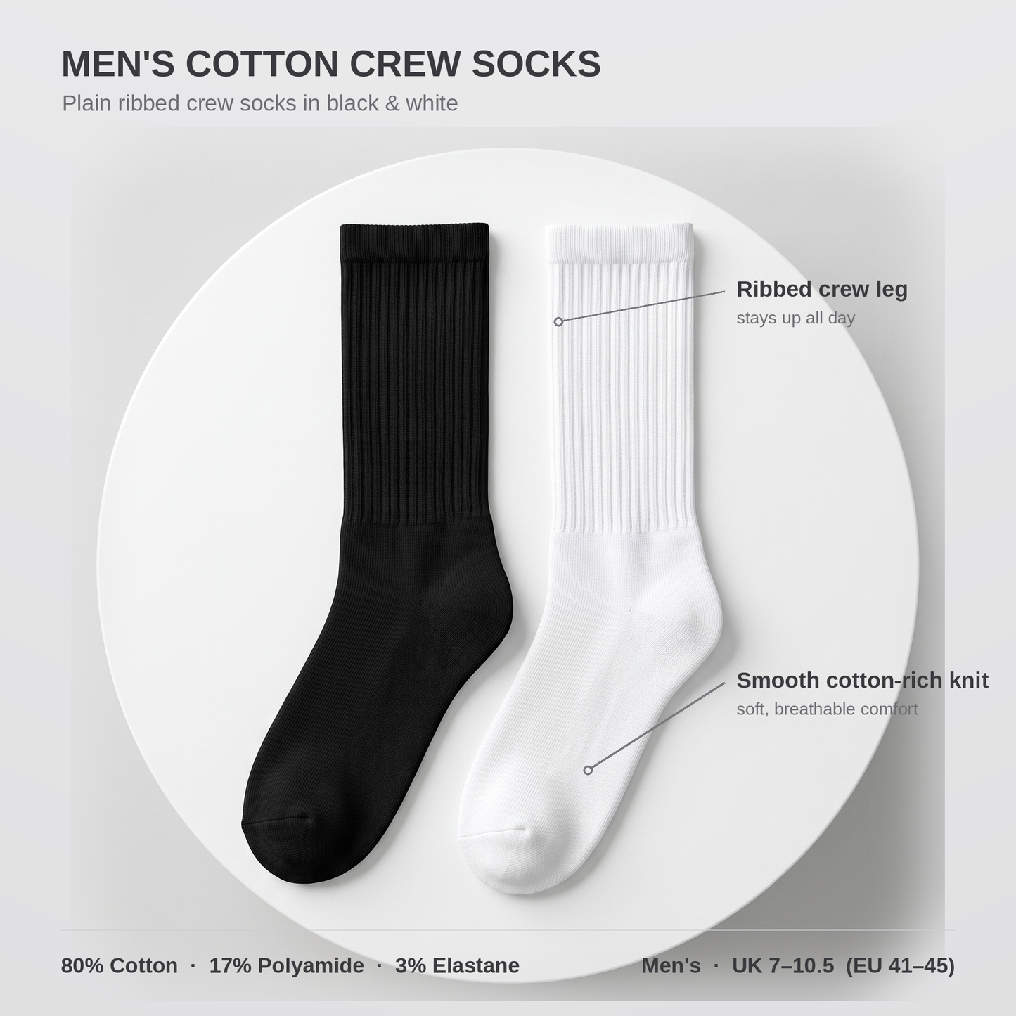 Men's cotton crew socks infographic — ribbed leg, cotton-rich knit, UK 7-10.5