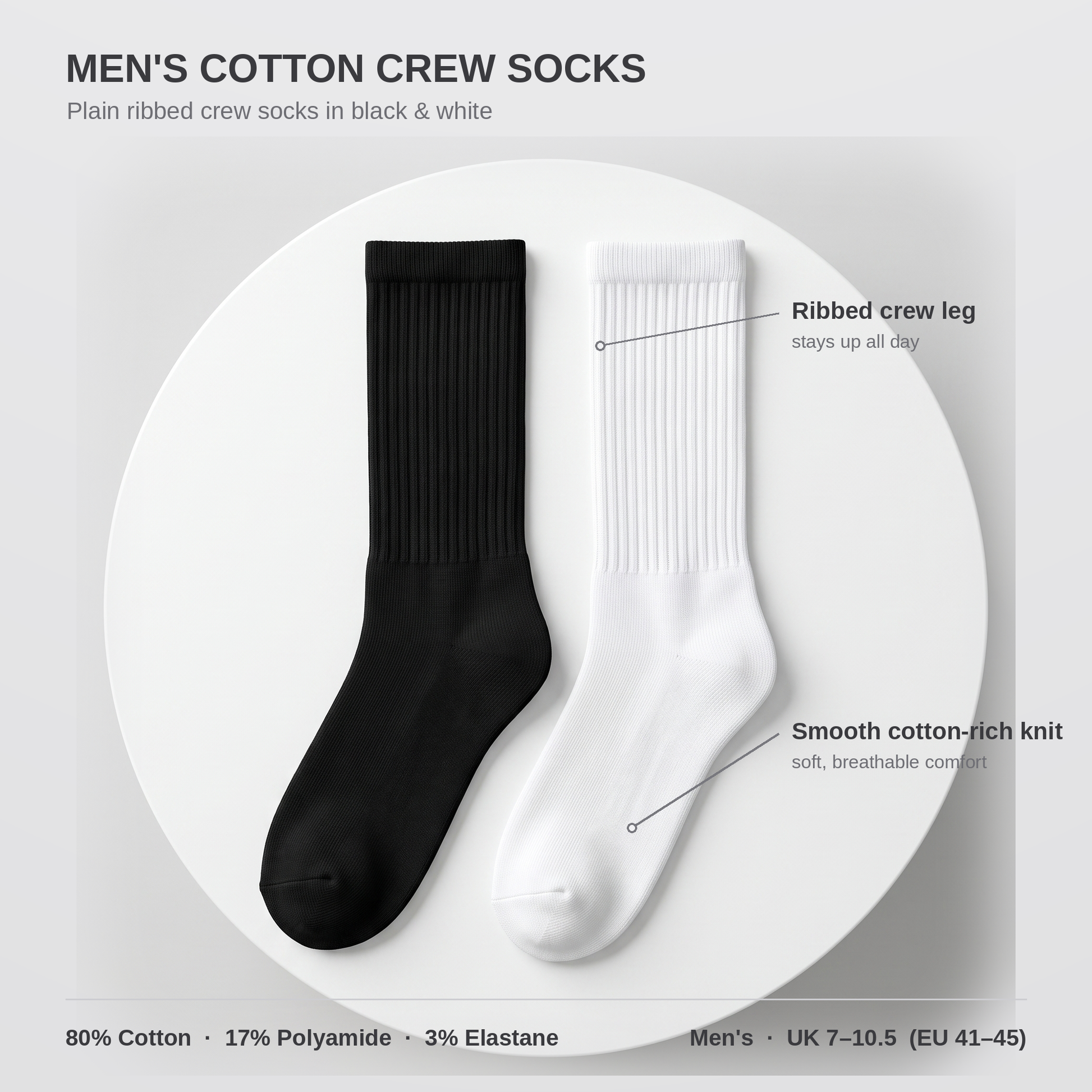 Men's cotton crew socks infographic — ribbed leg, cotton-rich knit, UK 7-10.5