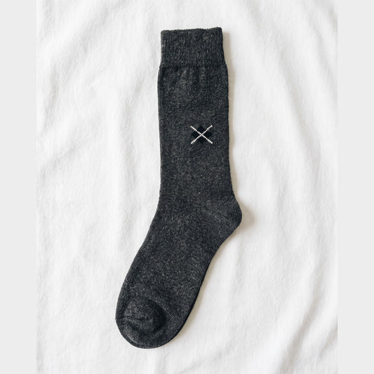 Louluu Diamond Stitch charcoal lambswool sock with small embroidered diamond emblem — flat lay