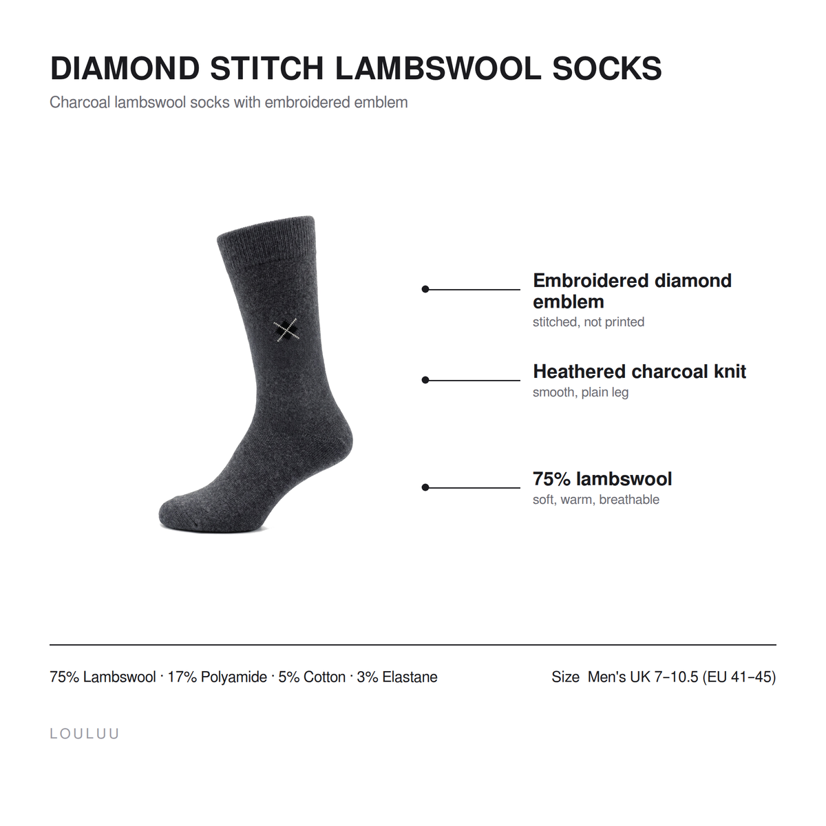 Diamond Stitch lambswool socks infographic — embroidered diamond emblem, heathered charcoal knit, 75% lambswool, men's UK 7–10.5