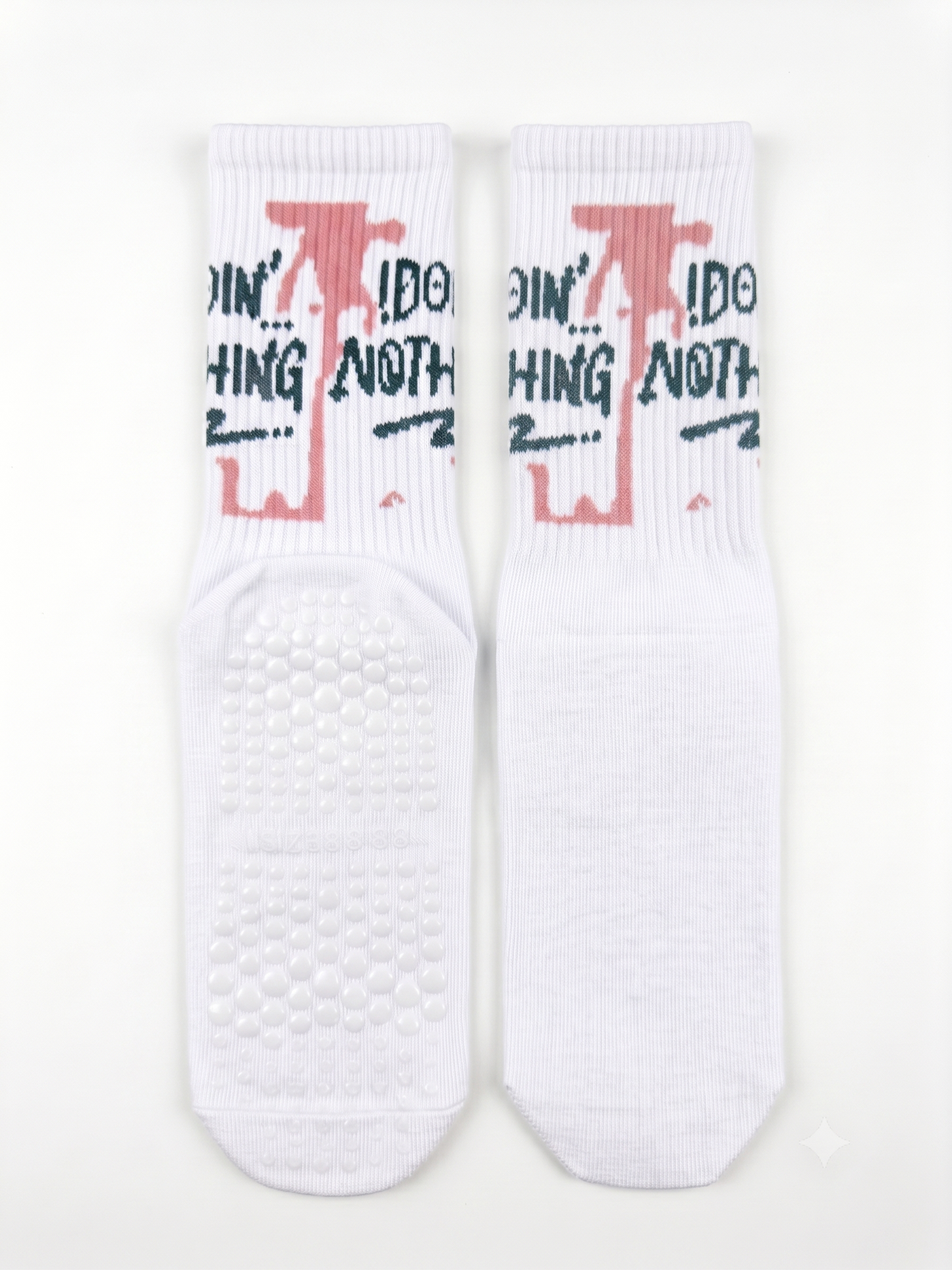 Doin' Nothing slogan grip socks — white ribbed crew with non-slip grip sole