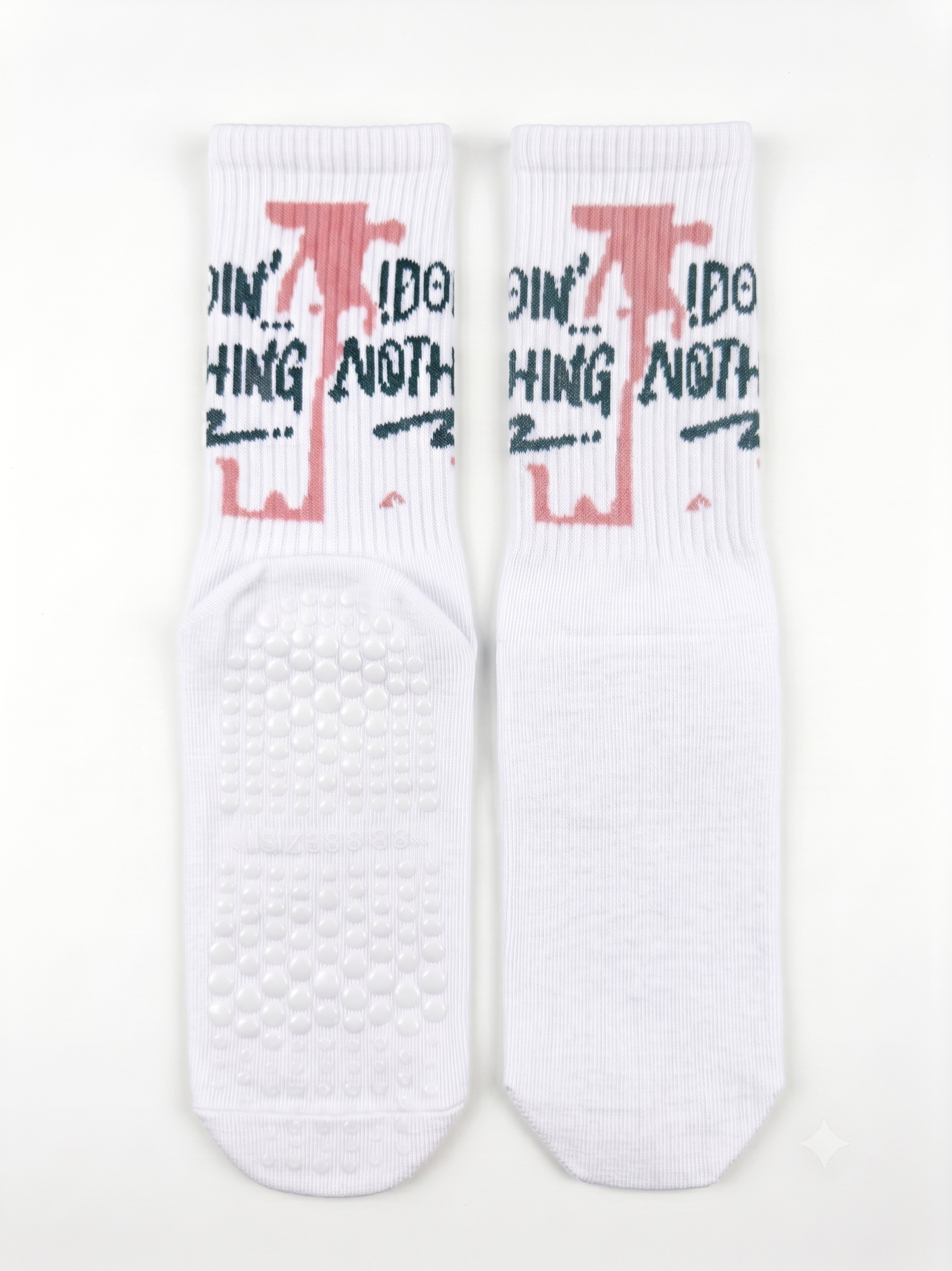 Doin' Nothing slogan grip socks — white ribbed crew with non-slip grip sole