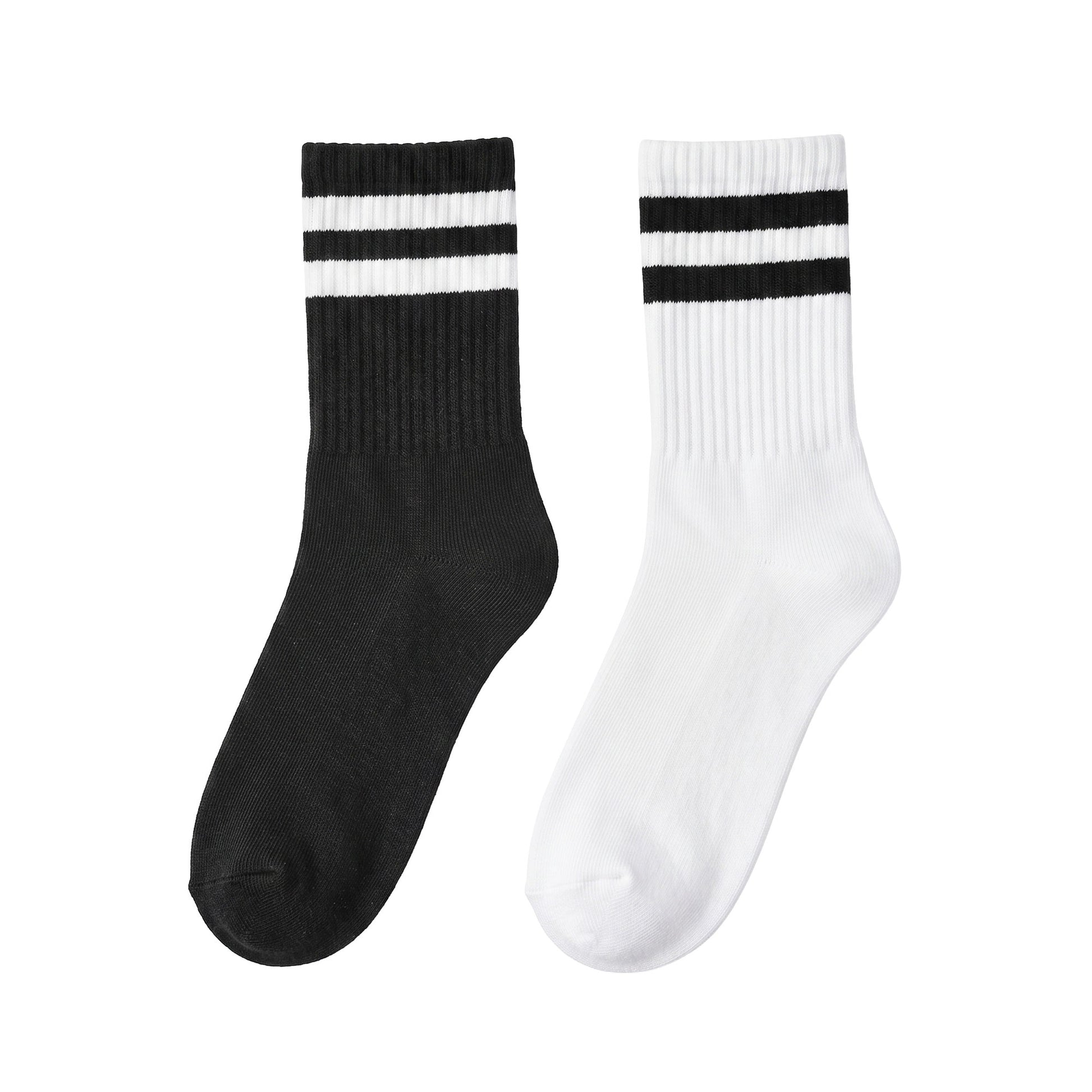 Half-crew socks pair — black with white stripes and white with black stripes