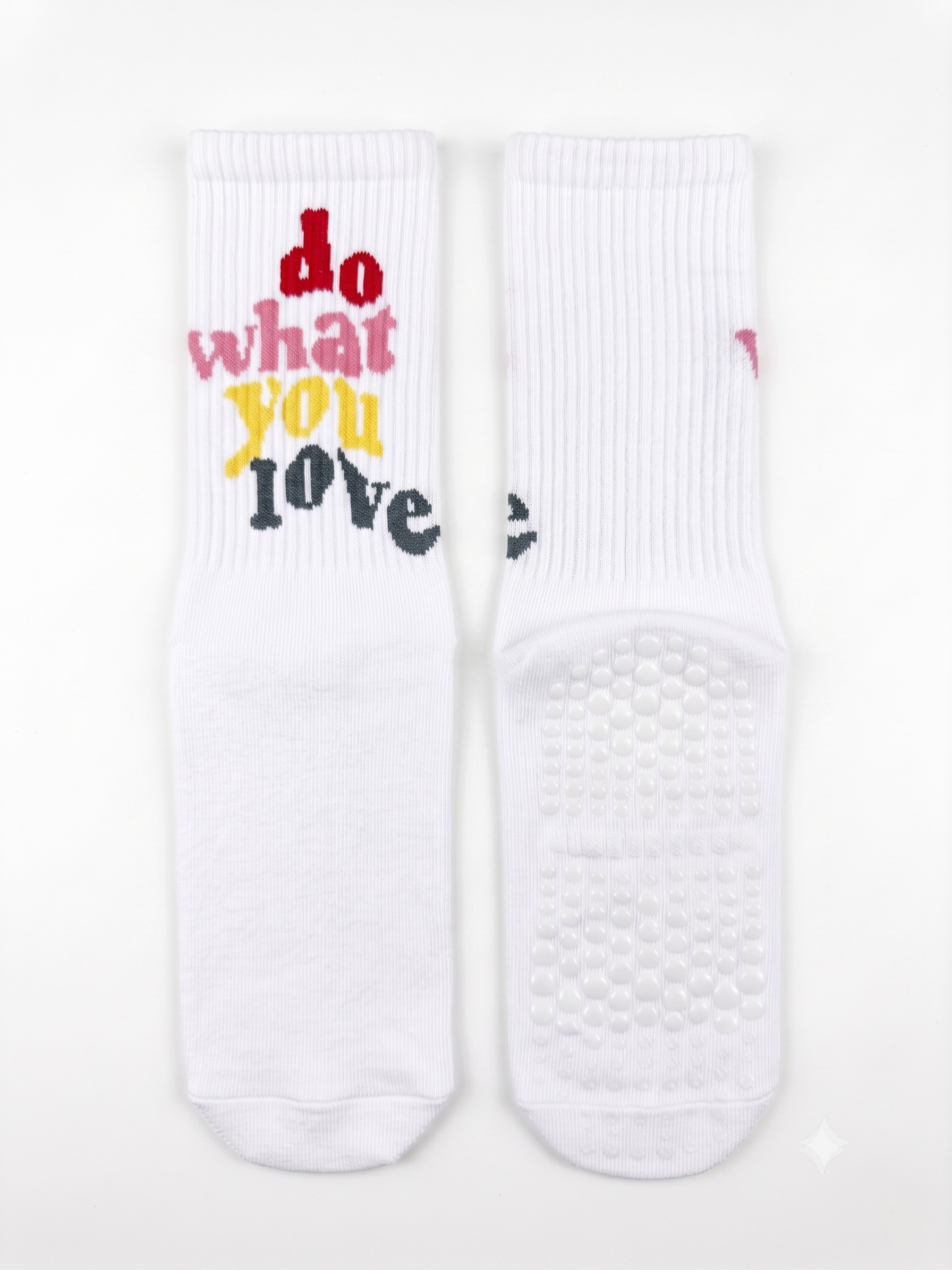 Do What You Love slogan grip socks — white ribbed crew with non-slip grip sole