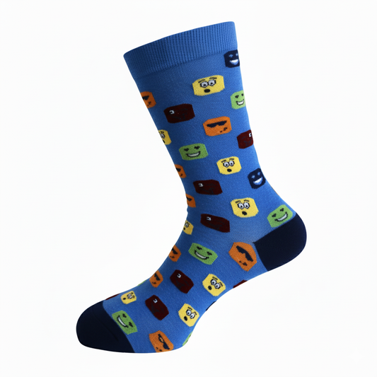 Blue sock with colorful emoji patterns on a white background
