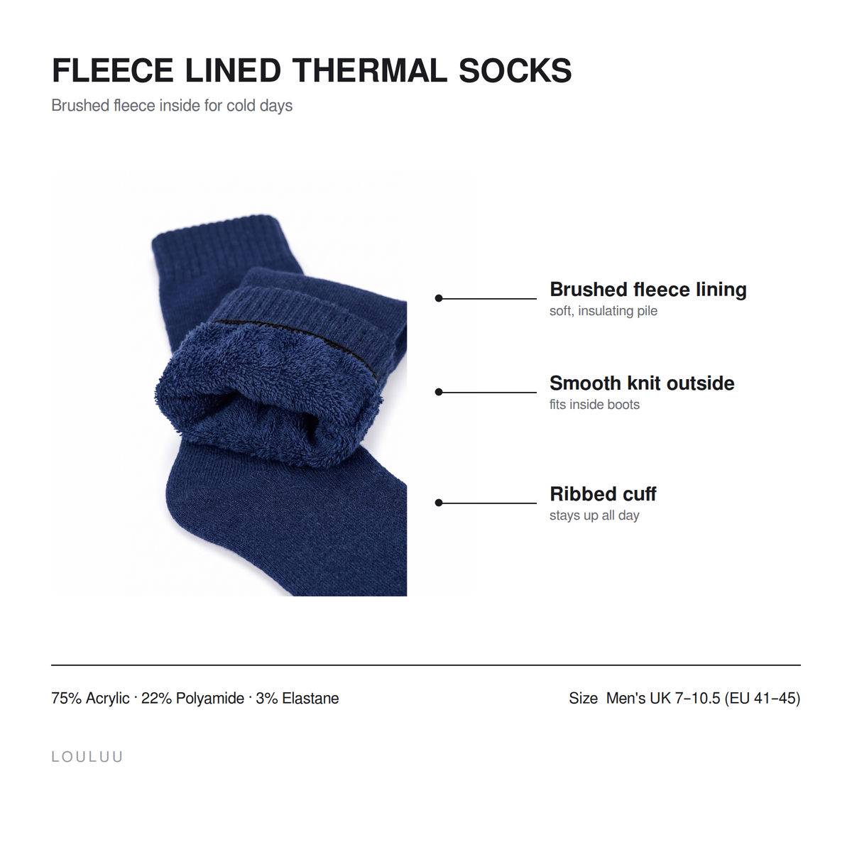 Fleece Lined Thermal socks infographic — brushed fleece lining, smooth knit outside, ribbed cuff, 75% acrylic, men's UK 7–10.5