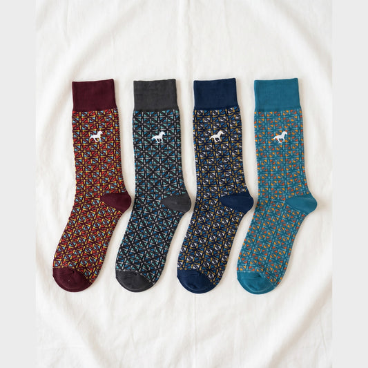 Louluu Galloper Mosaic jacquard crew socks in burgundy, charcoal, navy and petrol with white embroidered horse — flat lay