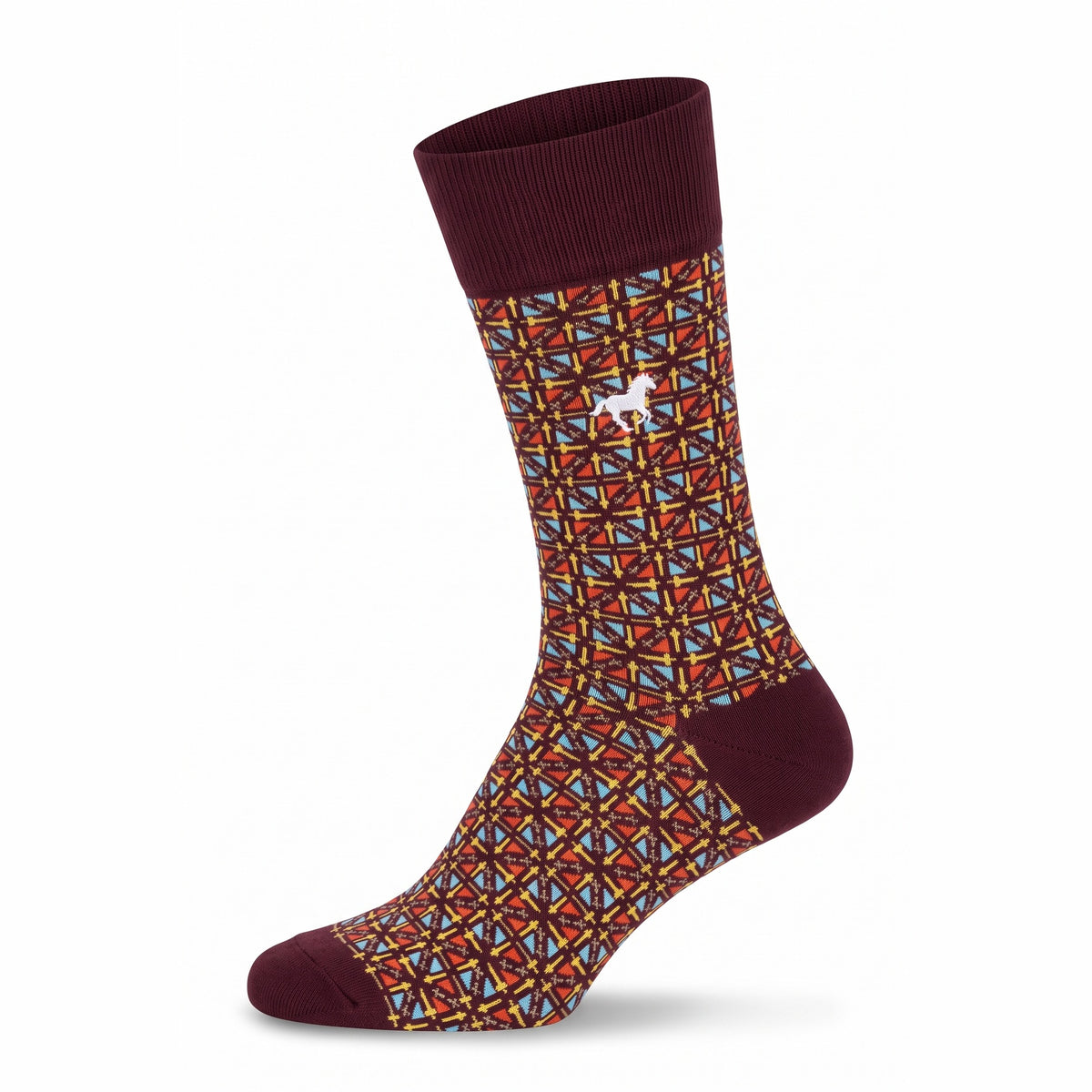 Burgundy Galloper Mosaic crew sock with jacquard pattern and white horse emblem — side view